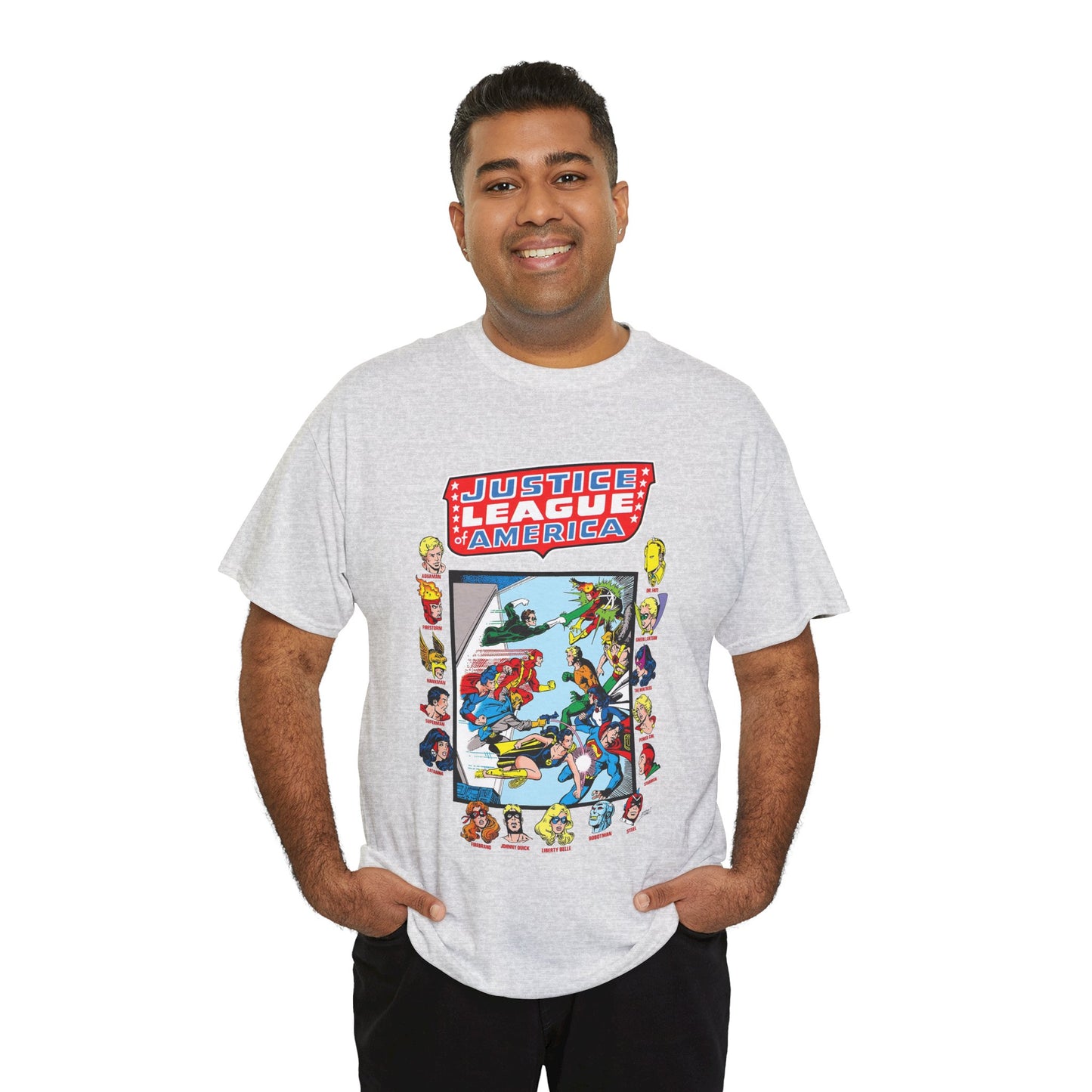 JLA & JSA T-Shirt - George Perez Art - All-Star Squadron - Firestorm, Huntress, Starman, Zatanna, Liberty Belle, Superman, Robotman, Firebrand, Dr Fate - DC Comics