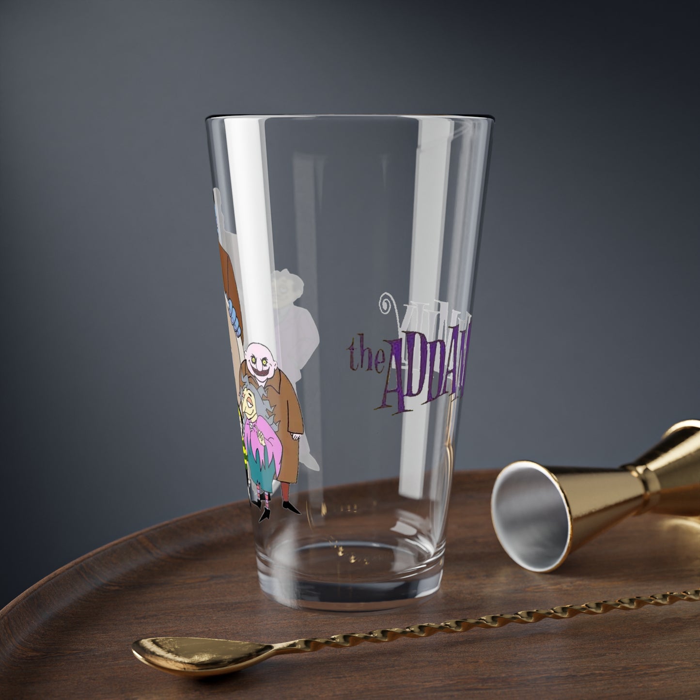 The Addams Family Pint Glass, 16oz - Hanna-Barbera Saturday Morning Cartoon 1970s - Morticia, Gomez, Pugsley, Wednesday, Lurch, Uncle Fester