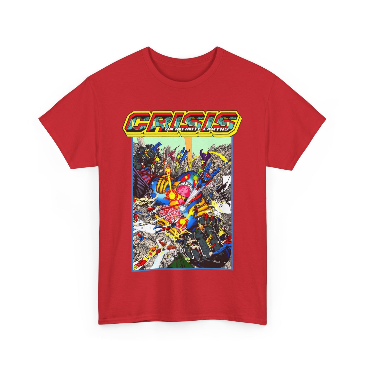 Crisis on Infinite Earths T-Shirt - George Perez Art - Superman, Firestorm, Captain Atom, Wonder Woman, Martian Manhunter Vs The Anti-Monitor - #12 Cover - DC Comics