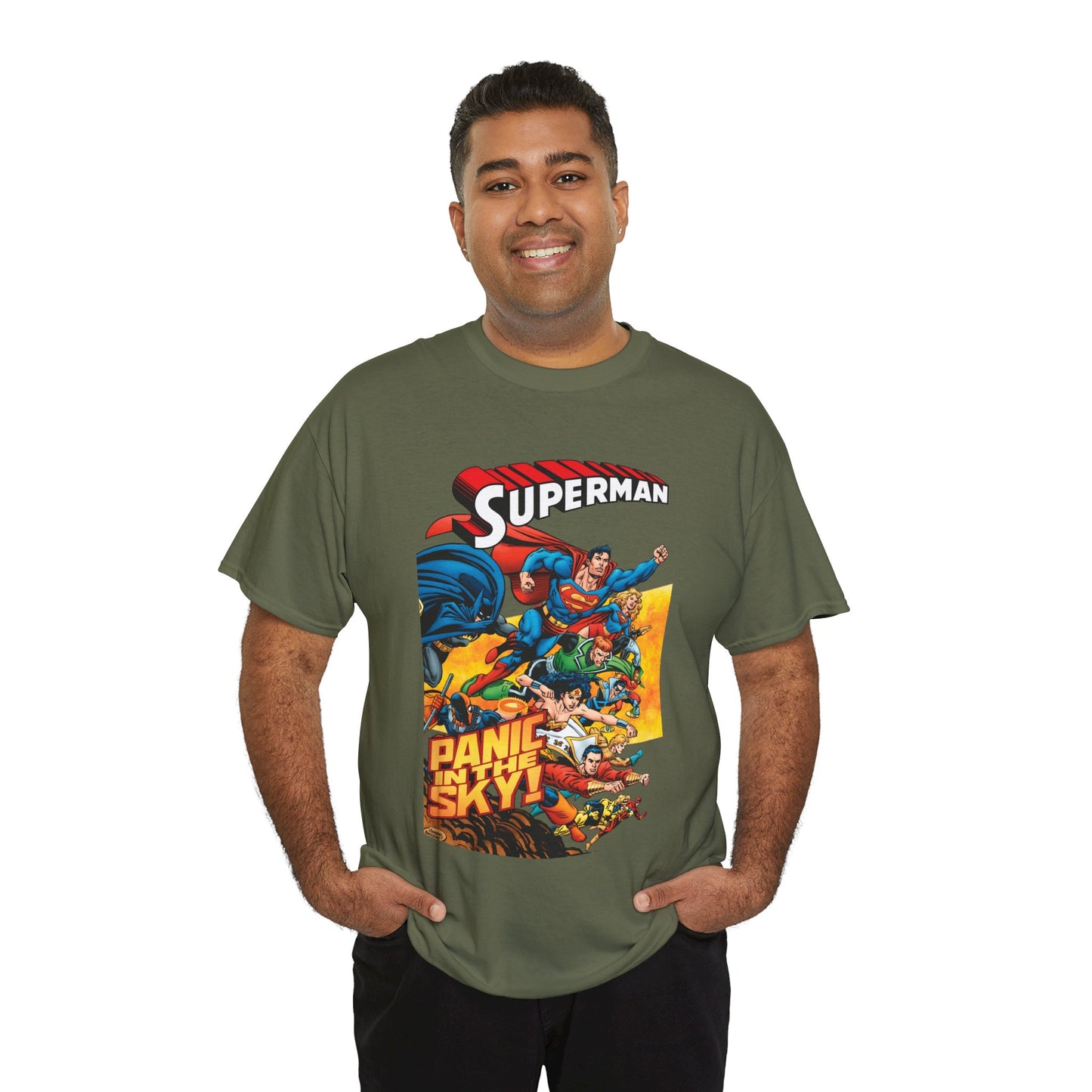 Superman - Panic in the Sky T-Shirt - Dan Jurgens Art - Vs Brainiac & Maxima - Wonder Woman, Booster Gold, Shazam, Batman, Flash, Aquaman, Supergirl - DC Comics