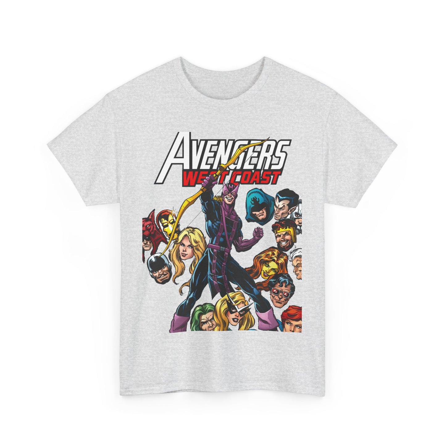 Avengers West Coast T-Shirt - Bob Hall Art - Hawkeye, Iron Man, Wonder Man, Tigra, Mockingbird - Marvel Comics Team
