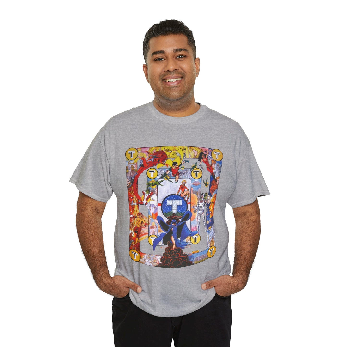 New Teen Titans Poster T-Shirt - George Perez Art - Cyborg, Raven, Robin, Terra, Wonder Girl, Changeling, Kid Flash, Deathstroke, Blackfire - DC Comics