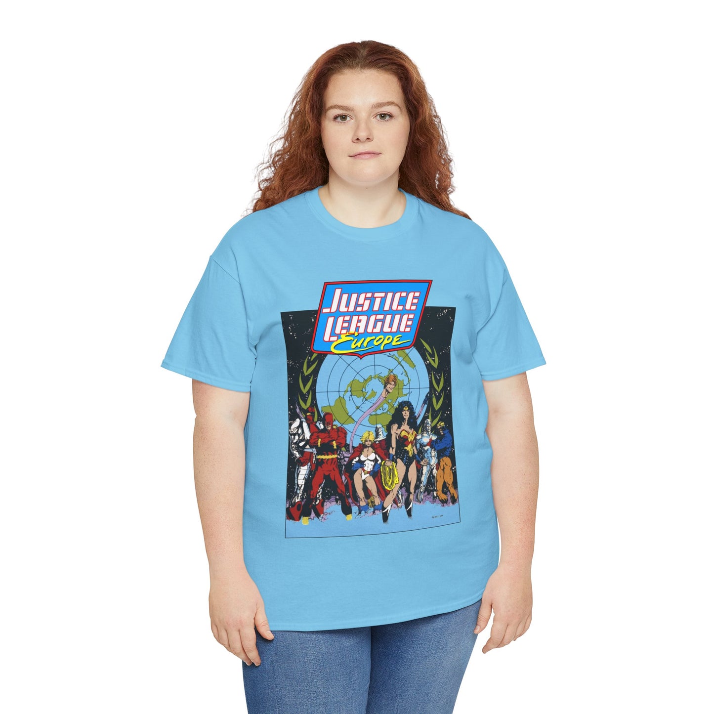 Justice League Europe T-Shirt - Bart Sears Art - Wonder Woman, Flash, Captain Atom, Animal Man, Elongated Man, Power Girl, Metamorpho - JLI Spin-Off - DC Comics