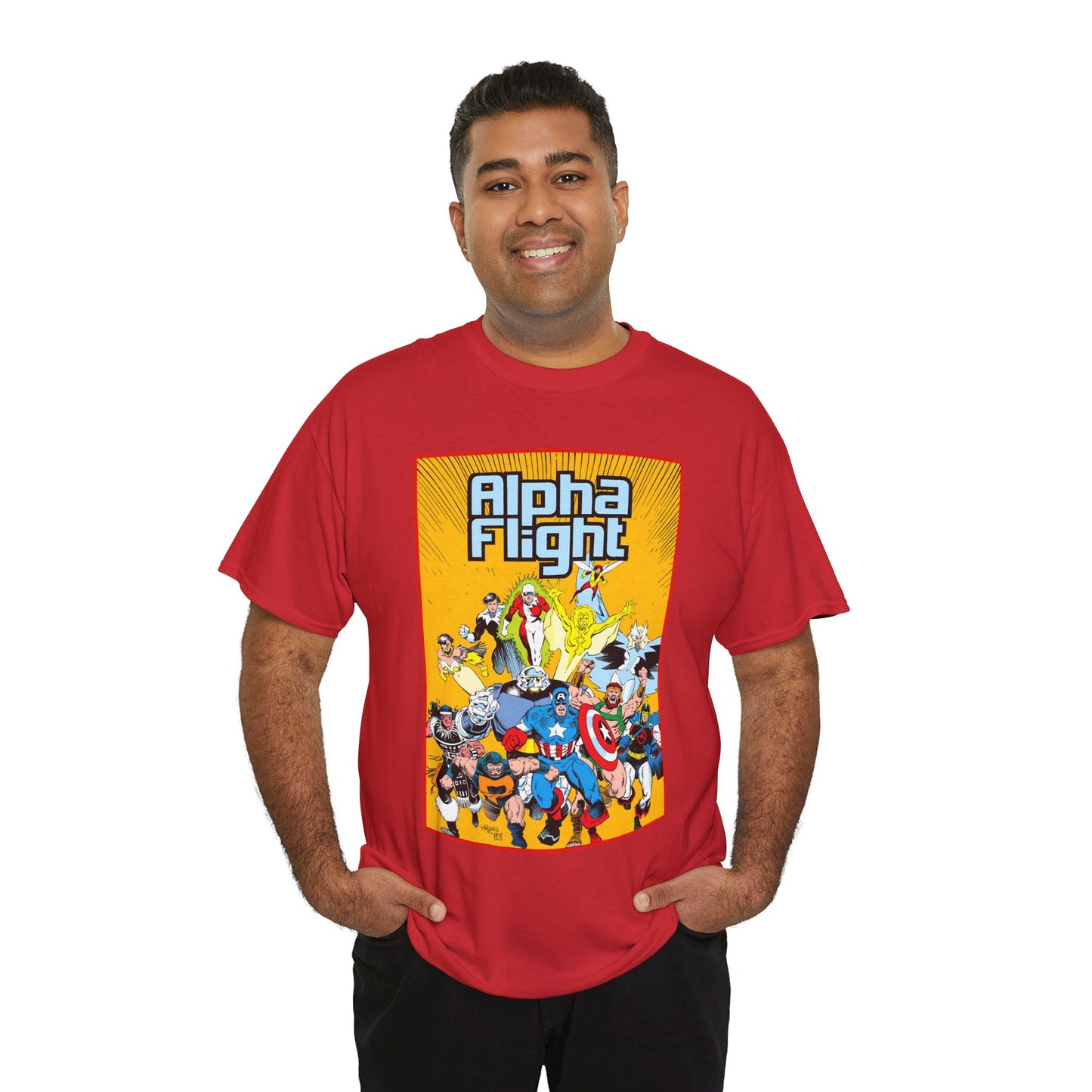 Alpha Flight T-Shirt - Mike Mignola Art - Northstar, Aurora, Snowbird, Shaman, Puck - Avengers: Captain America, Captain Marvel, Hercules, Black Knight - Marvel Comics