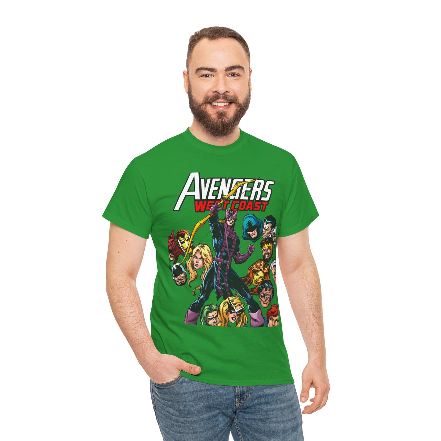 Avengers West Coast T-Shirt - Bob Hall Art - Hawkeye, Iron Man, Wonder Man, Tigra, Mockingbird - Marvel Comics Team