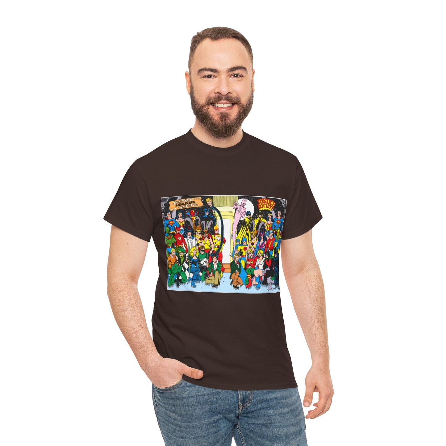 JLA & JSA T-Shirt - George Perez Art - Justice League, Society Team-up - Batman, Wildcat, Dr Fate, Hourman, Firestorm, Superman