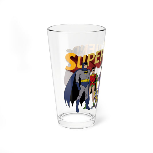 Super Friends Pint Glass, 16oz - Hanna-Barbera Saturday Morning Cartoon - Superman, Batman, Wonder Woman, Aquaman, Robin, Zan, Jayna, Gleek, The Wonder Twins - DC Comics
