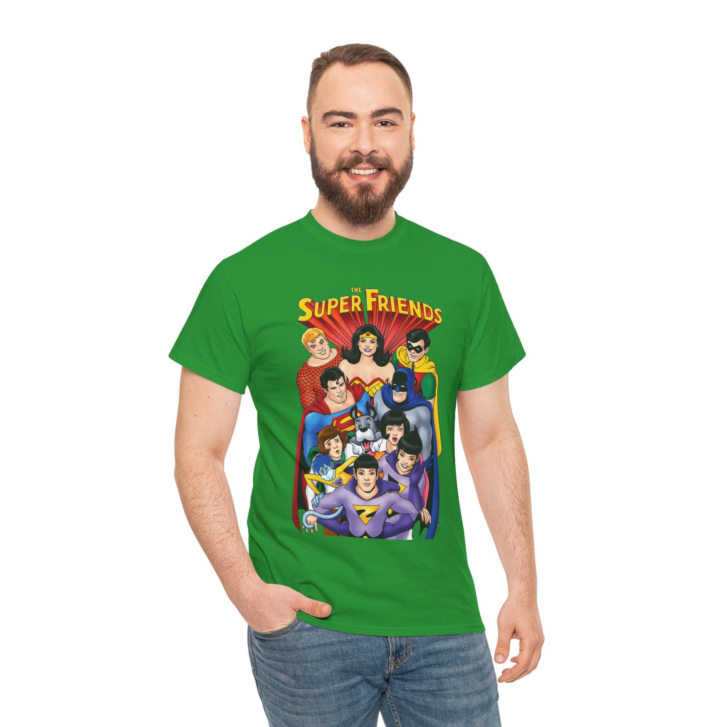 Super Friends T-Shirt - Kevin Maguire Art - Wonder Twins, Gleek, Superman, Wonder Woman Batman - DC Comics - Based on 1970s Hanna-Barbera Cartoon