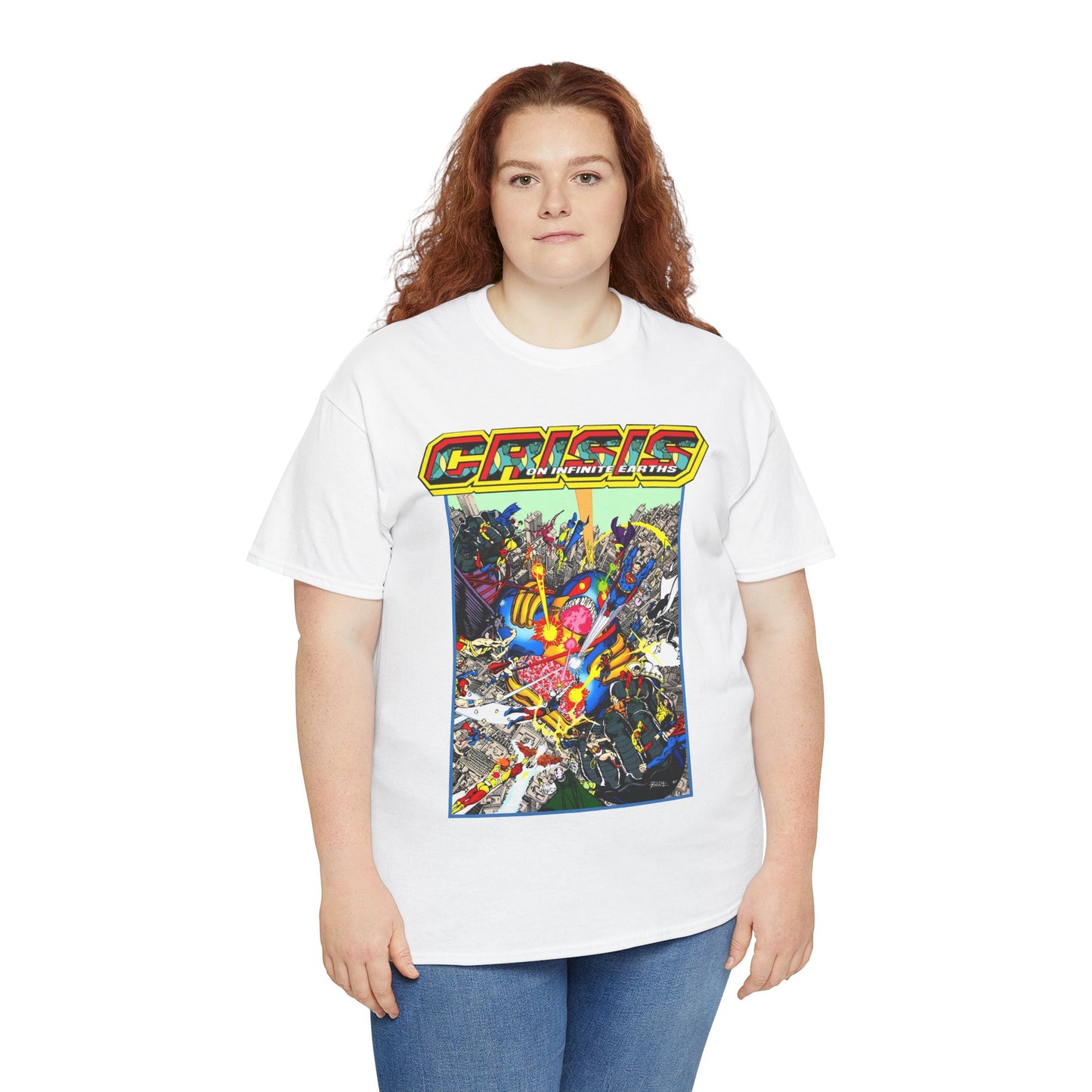Crisis on Infinite Earths T-Shirt - George Perez Art - Superman, Firestorm, Captain Atom, Wonder Woman, Martian Manhunter Vs The Anti-Monitor - #12 Cover - DC Comics