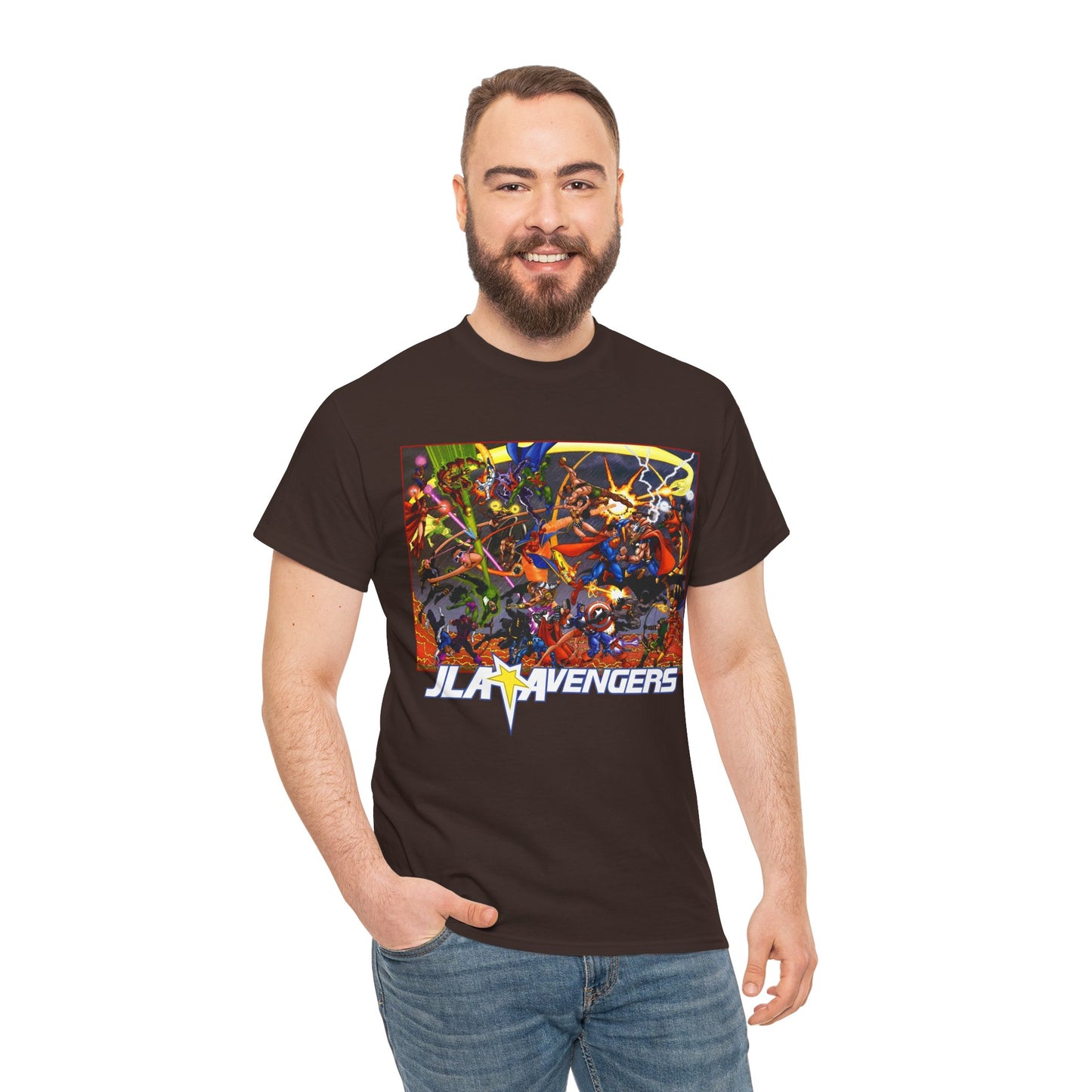 Avengers Vs JLA T-Shirt - Stunning George Perez Art - Marvel & DC Comics Crossover - Thor, Superman, Wonder Woman, Hercules, Iron Man, Batman, Black Canary, Scarlet Witch, Wonder Man, Martian Manhunter