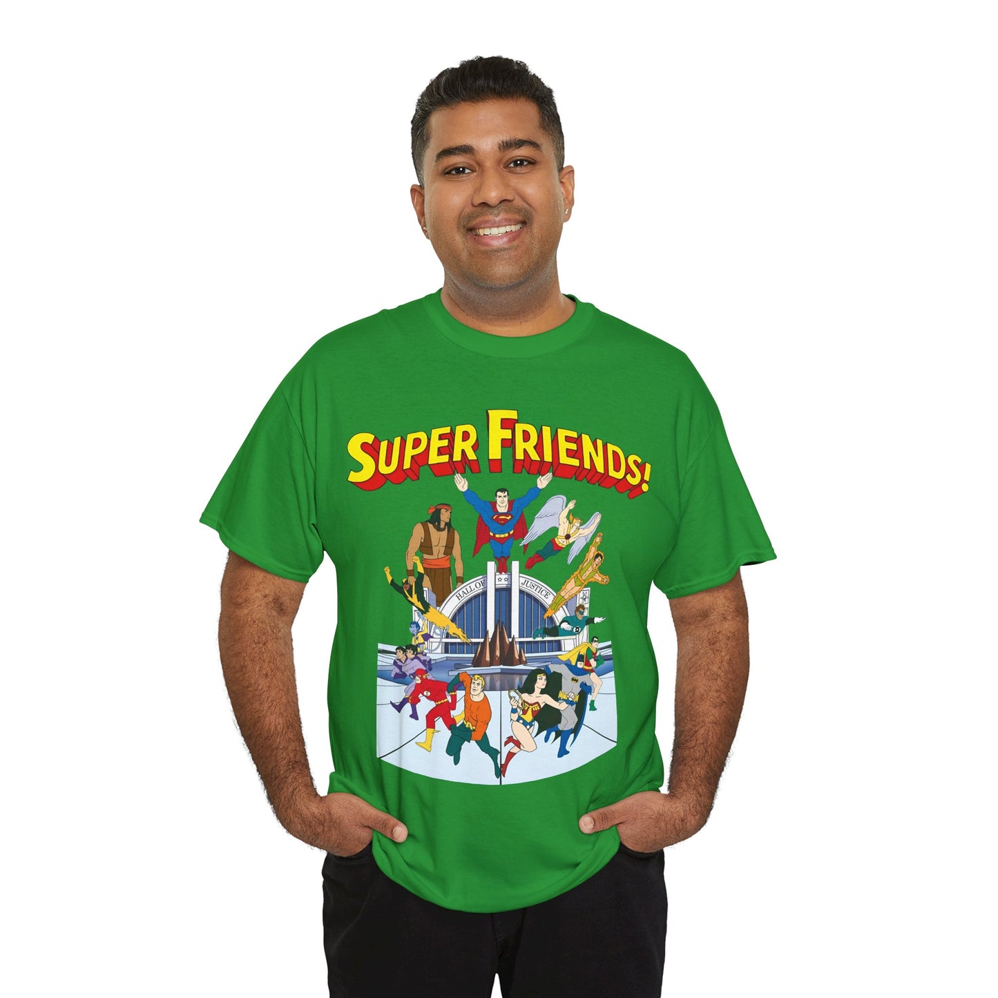 Super Friends T-Shirt - DC Hanna-Barbera - Superman, Wonder Woman, Black Vulcan, Batman, The Wonder Twins, Apache Chief, Hall of Justice
