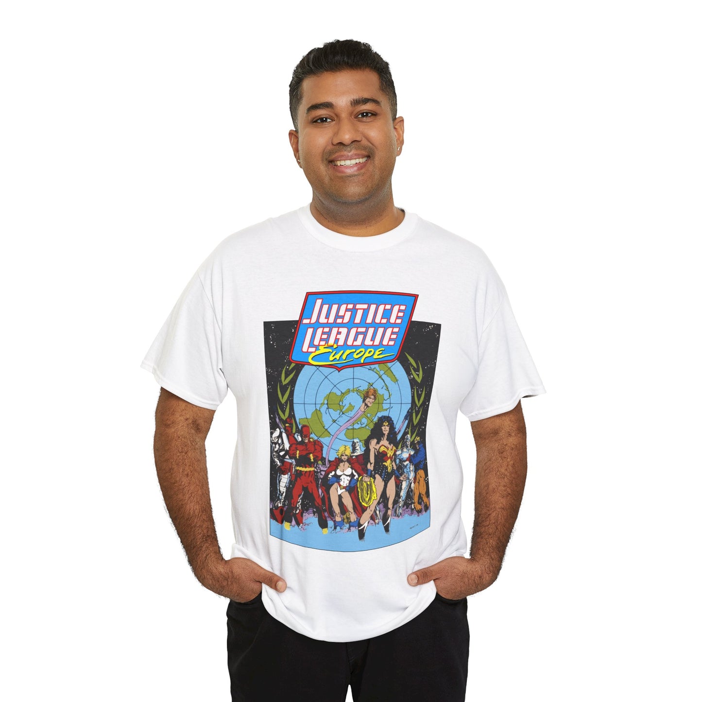 Justice League Europe T-Shirt - Bart Sears Art - Wonder Woman, Flash, Captain Atom, Animal Man, Elongated Man, Power Girl, Metamorpho - JLI Spin-Off - DC Comics