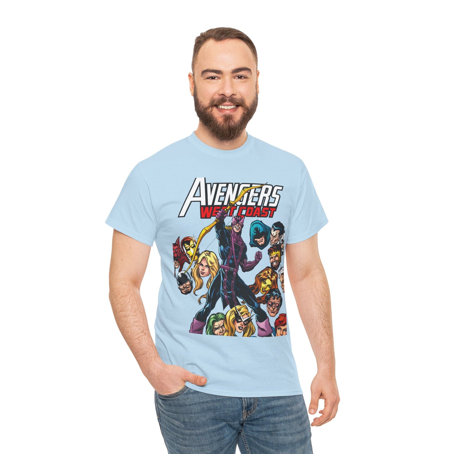 Avengers West Coast T-Shirt - Bob Hall Art - Hawkeye, Iron Man, Wonder Man, Tigra, Mockingbird - Marvel Comics Team