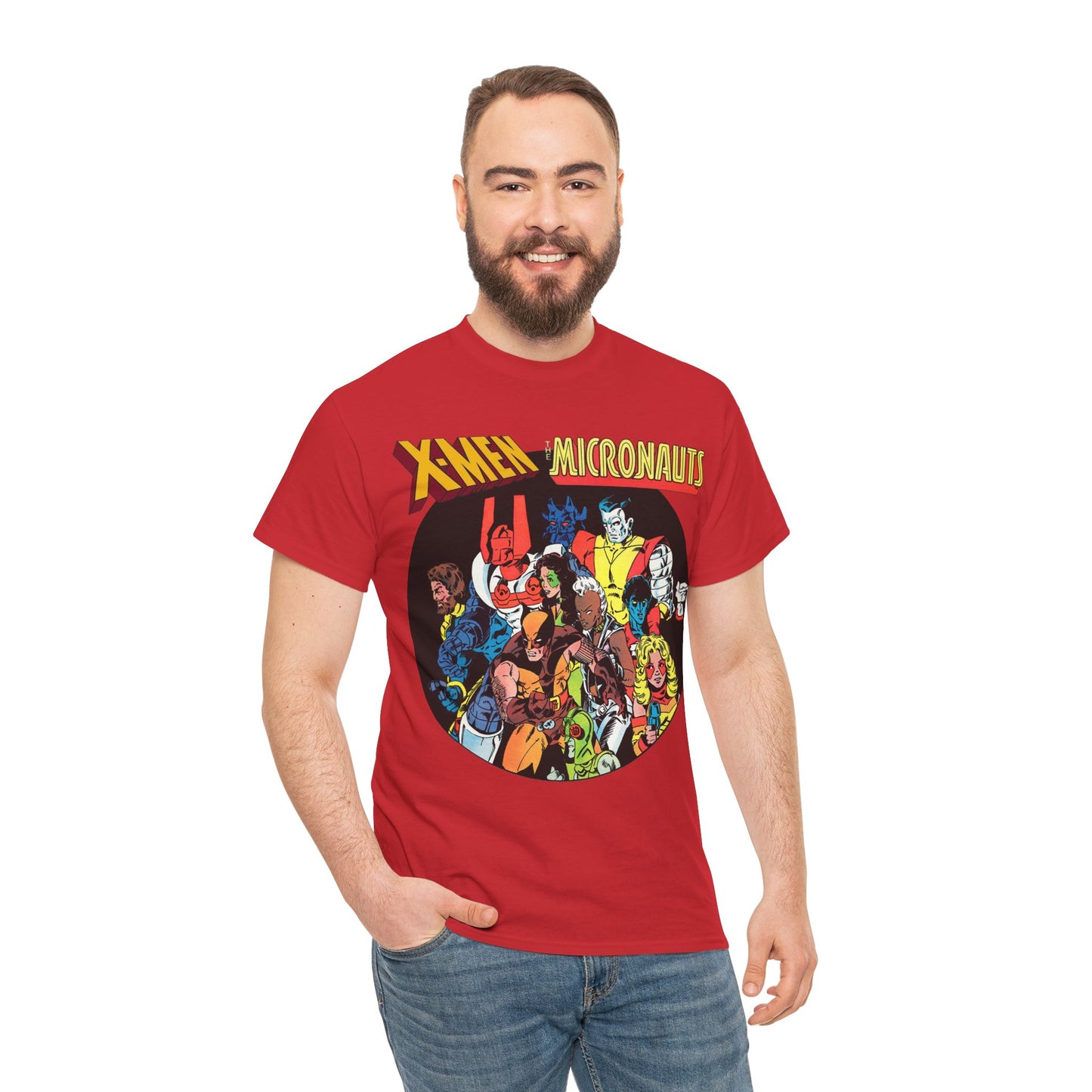 X-Men/Micronauts T-Shirt - Wolverine, Storm, Nightcrawler, Kitty Pryde, Colossus, Acroyear, Arcturus Rann, Marionette Bug - Marvel Comics - Popular 1980s Crossover Mini-Series