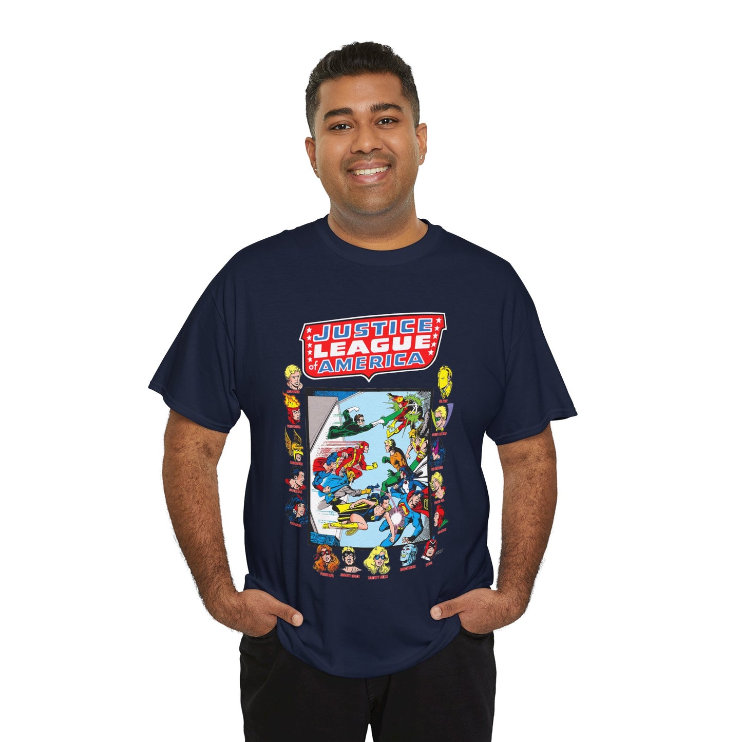 JLA & JSA T-Shirt - George Perez Art - All-Star Squadron - Firestorm, Huntress, Starman, Zatanna, Liberty Belle, Superman, Robotman, Firebrand, Dr Fate - DC Comics