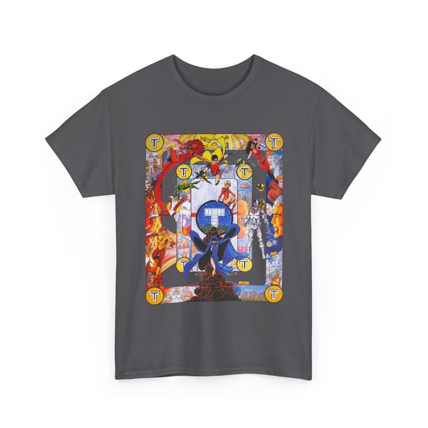 New Teen Titans Poster T-Shirt - George Perez Art - Cyborg, Raven, Robin, Terra, Wonder Girl, Changeling, Kid Flash, Deathstroke, Blackfire - DC Comics