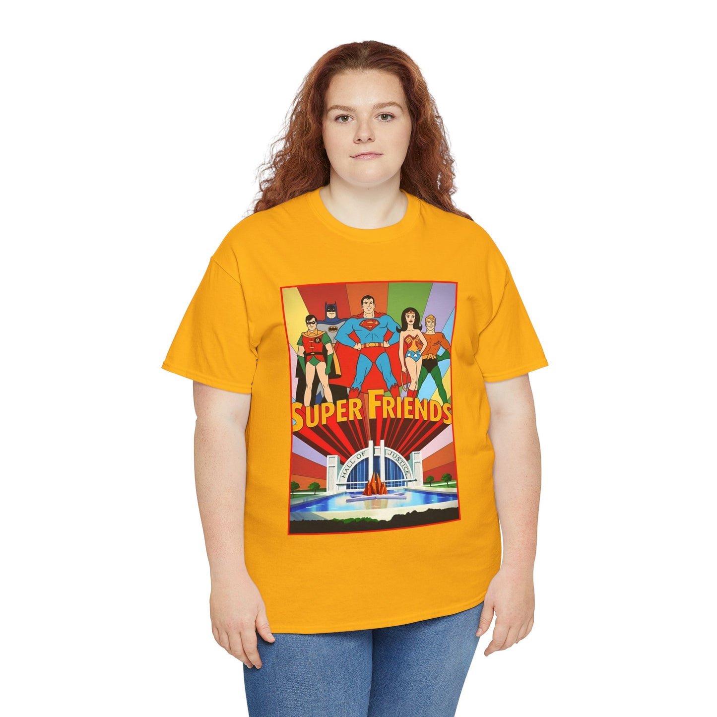 Super Friends T-Shirt - Batman, Superman, Wonder Woman, Robin - Hanna-Barbera Cartoon - DC Comics - Hall of Justice