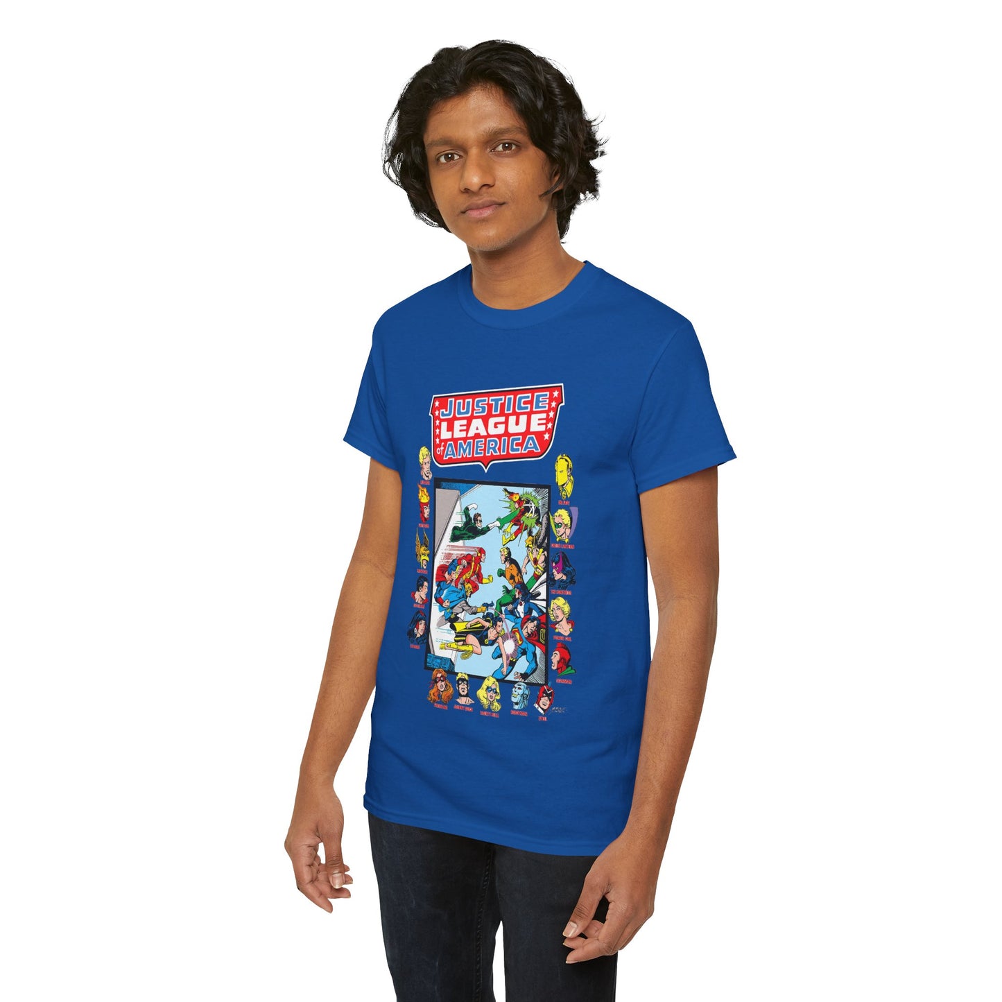 JLA & JSA T-Shirt - George Perez Art - All-Star Squadron - Firestorm, Huntress, Starman, Zatanna, Liberty Belle, Superman, Robotman, Firebrand, Dr Fate - DC Comics