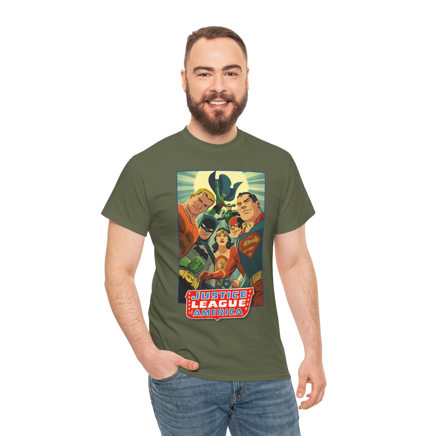 Justice League of America T-Shirt - Michael Cho Art - Superman, Flash, Wonder Woman, Green Lantern, Batman, Martian Manhunter - Silver Age Team - DC Comics