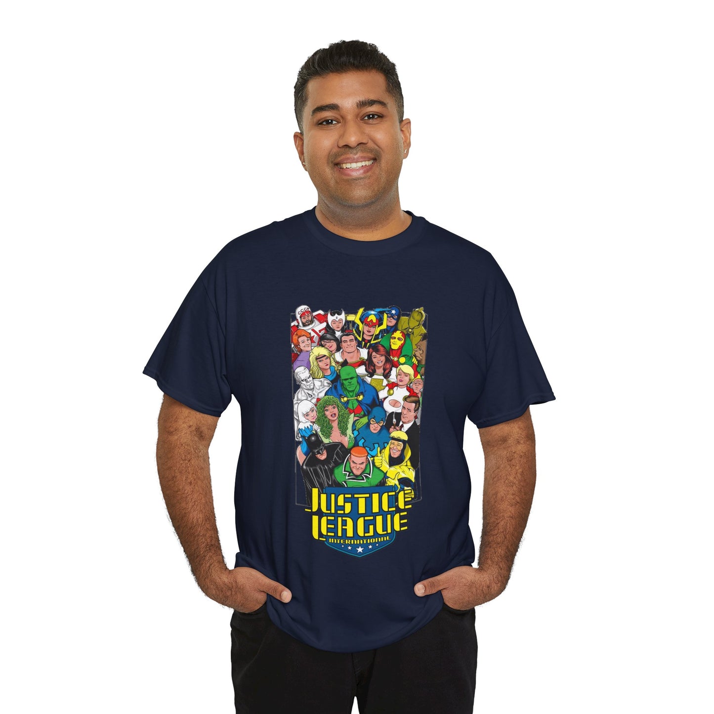 Justice League International T-Shirt - DC Comics - JLI - Kevin Maguire Art - Blue Beetle, Booster Gold, Martian Manhunter, Captain Atom
