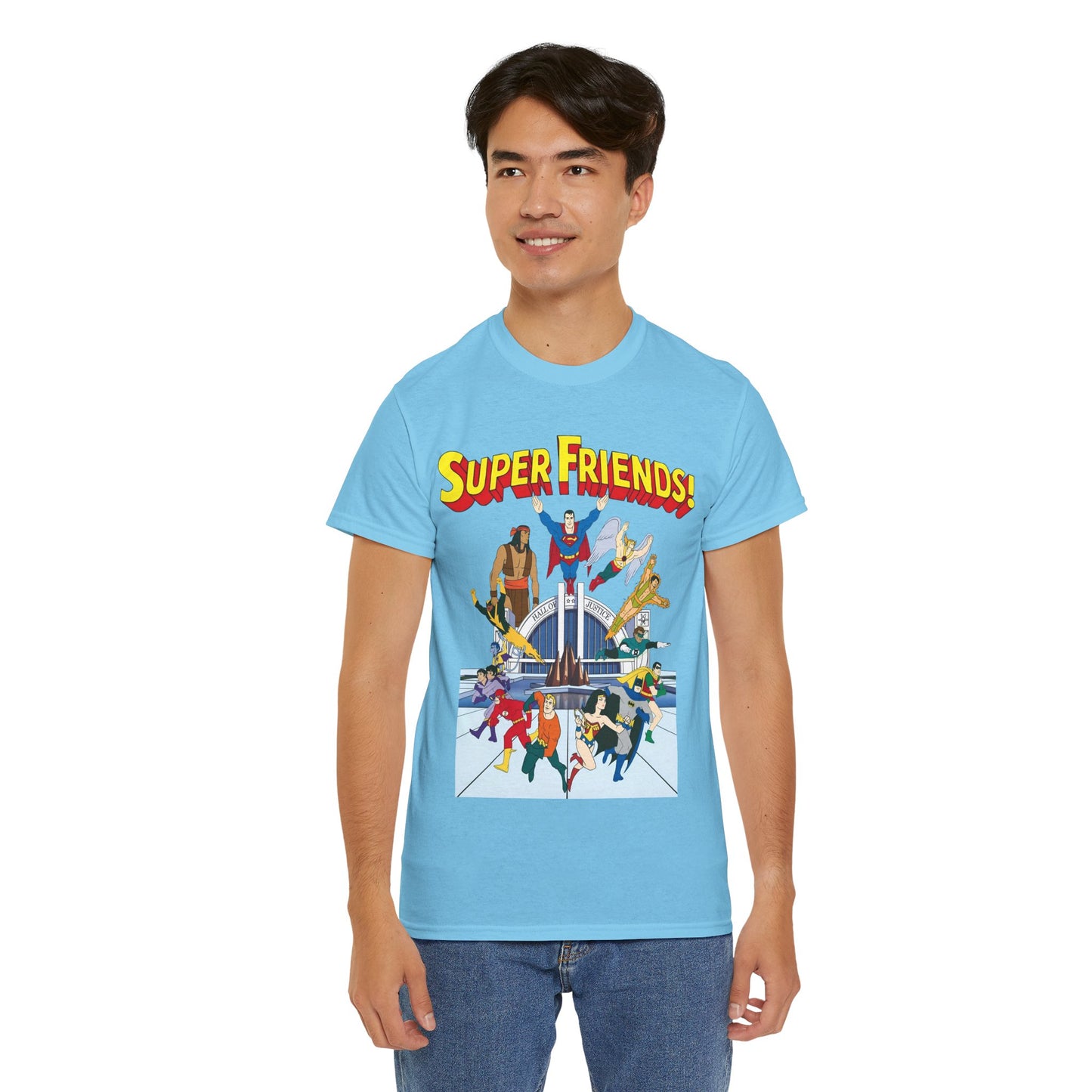 Super Friends T-Shirt - DC Hanna-Barbera - Superman, Wonder Woman, Black Vulcan, Batman, The Wonder Twins, Apache Chief, Hall of Justice