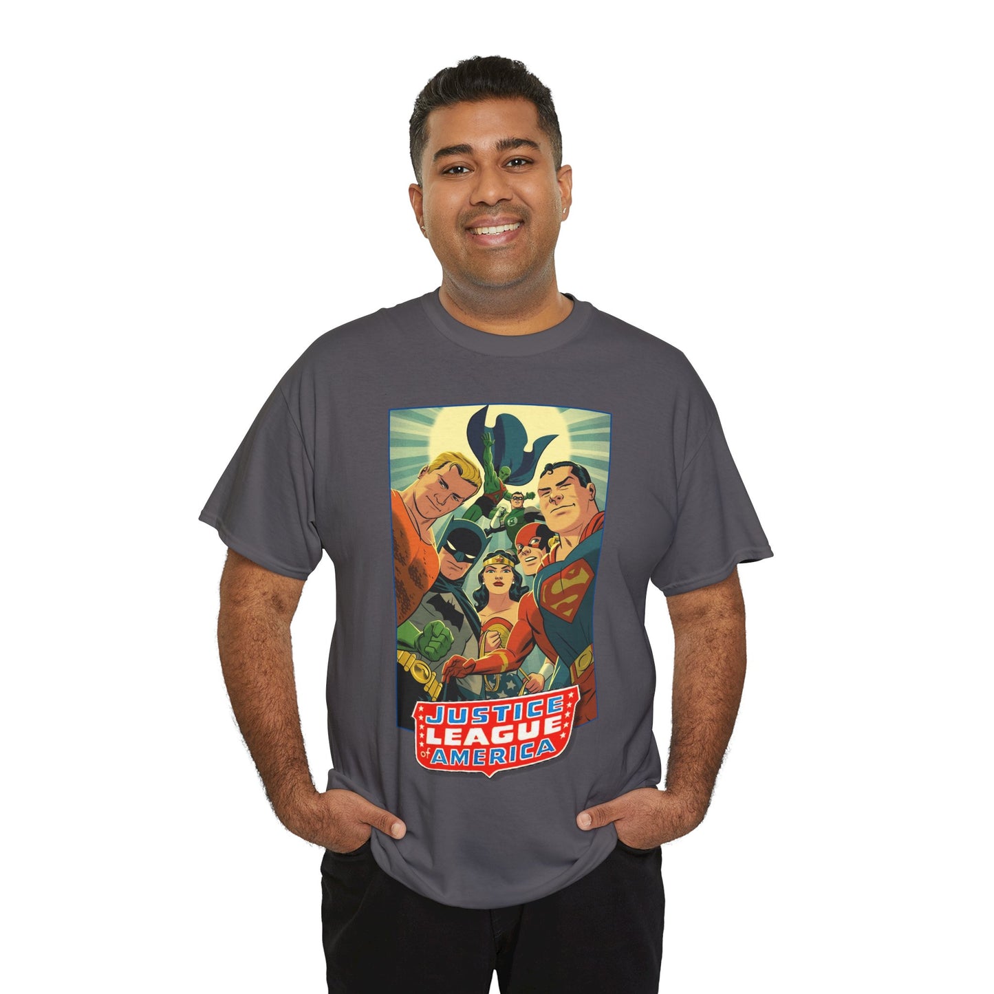 Justice League of America T-Shirt - Michael Cho Art - Superman, Flash, Wonder Woman, Green Lantern, Batman, Martian Manhunter - Silver Age Team - DC Comics