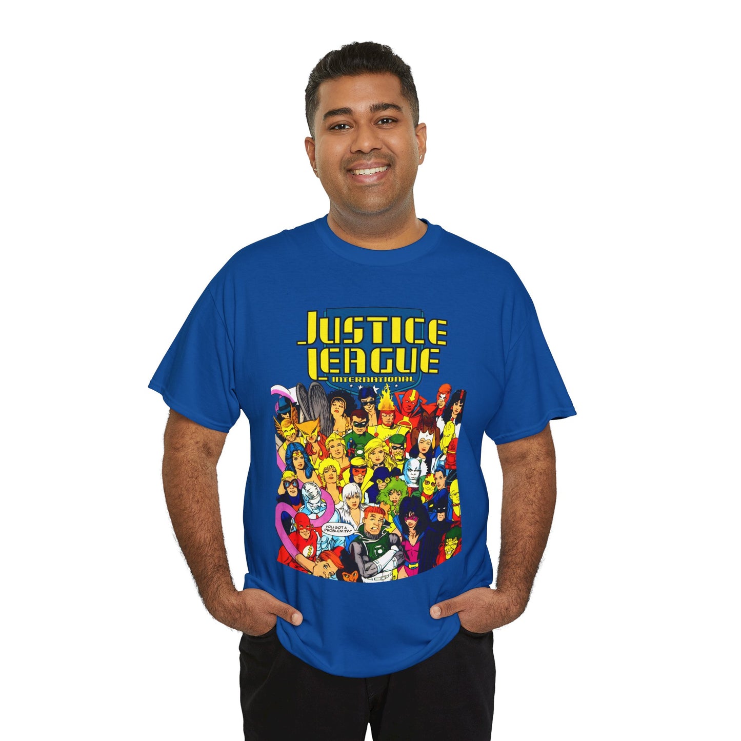 Justice League International T-Shirt - Kevin Maguire DC Comics Sourcebook Art - Booster Gold, Blue Beetle, Batman, Martian Manhunter, Captain Atom, Fire, Ice, Guy Gardner