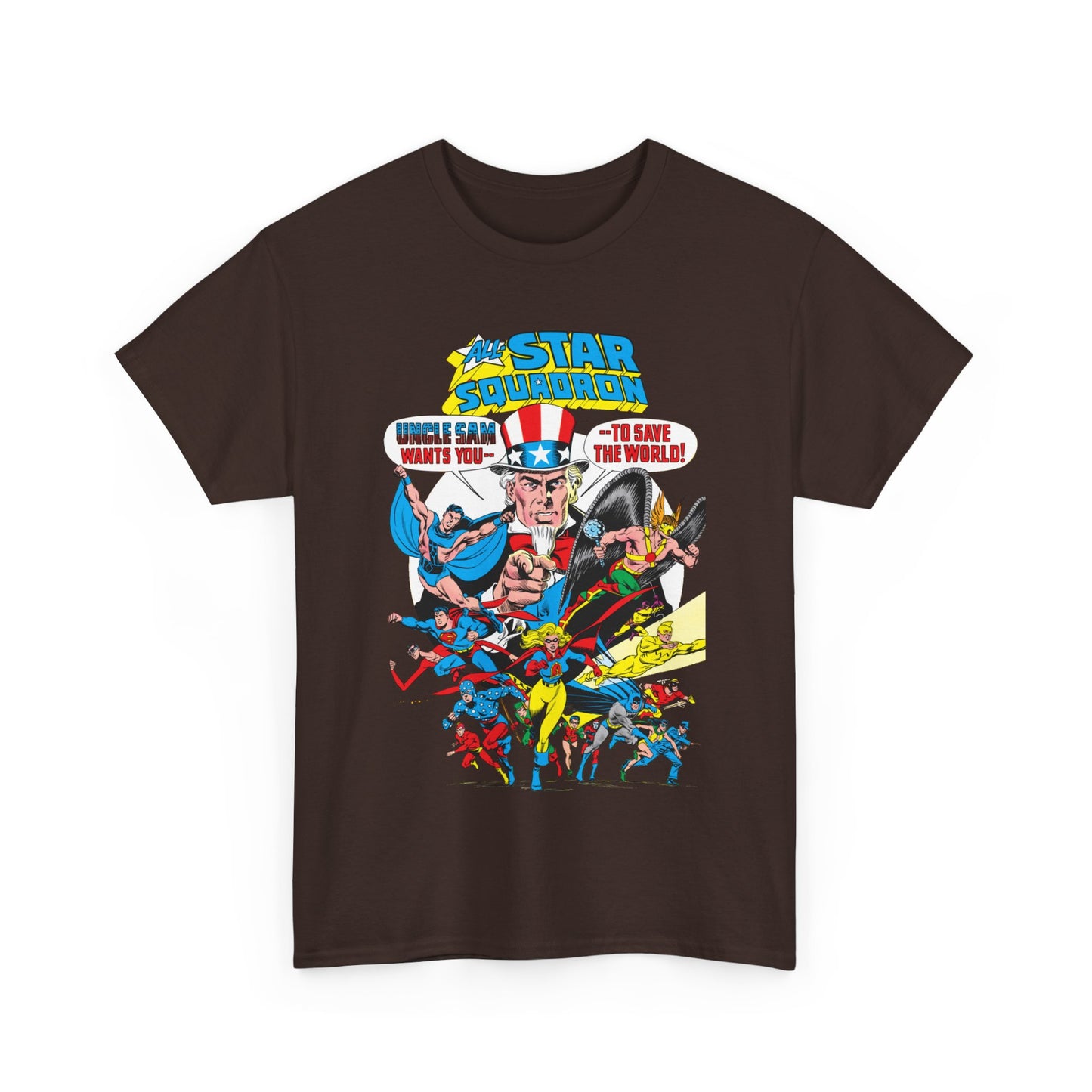 All-Star Squadron T-Shirt - Jerry Ordway Art - Uncle Sam, Hawkman, Superman, Liberty Belle, Black Condor, the Ray, Batman, Plastic Man - JSA Link - DC Comics