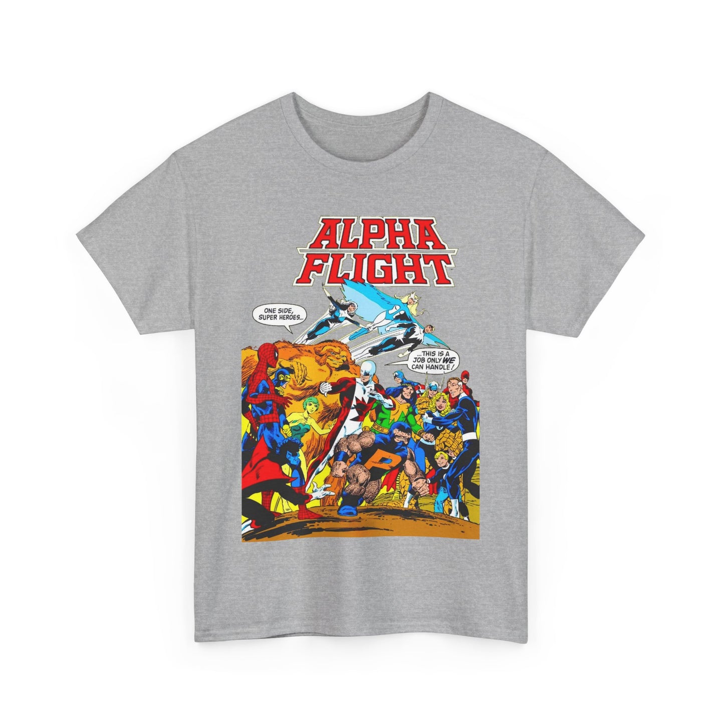 Alpha Flight T-Shirt - John Byrne Art - Sasquatch, Aurora, Northstar, Guardian, Puck, Shaman, Snowbird - Canada's Super Team - Marvel Comics