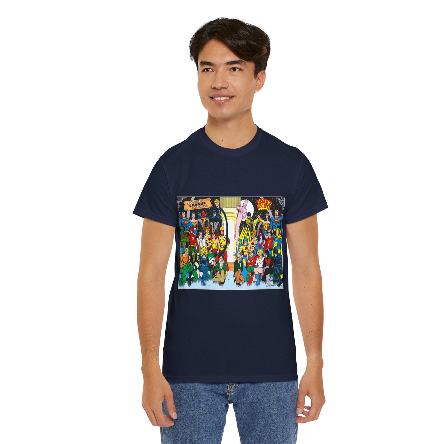 JLA & JSA T-Shirt - George Perez Art - Justice League, Society Team-up - Batman, Wildcat, Dr Fate, Hourman, Firestorm, Superman