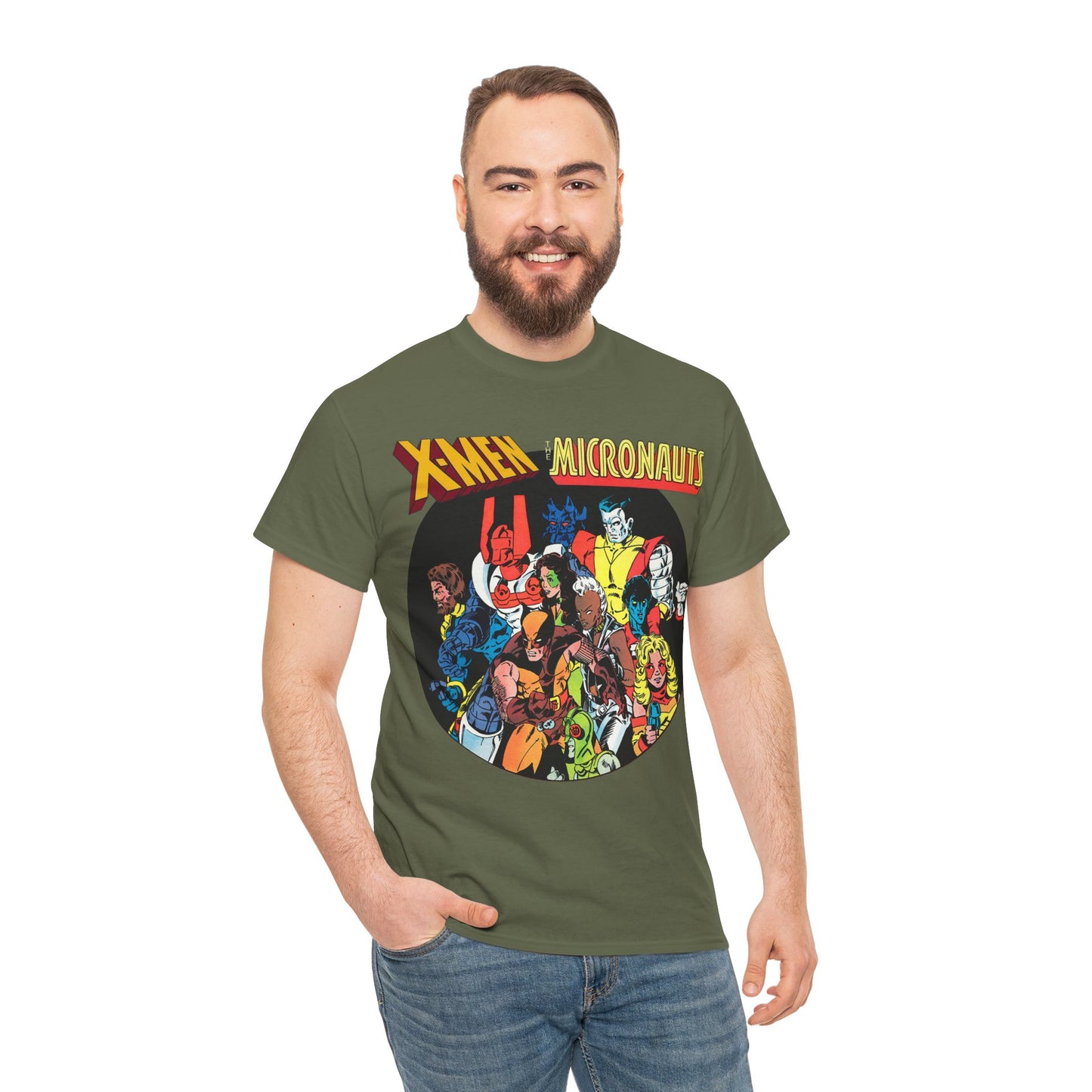 X-Men/Micronauts T-Shirt - Wolverine, Storm, Nightcrawler, Kitty Pryde, Colossus, Acroyear, Arcturus Rann, Marionette Bug - Marvel Comics - Popular 1980s Crossover Mini-Series