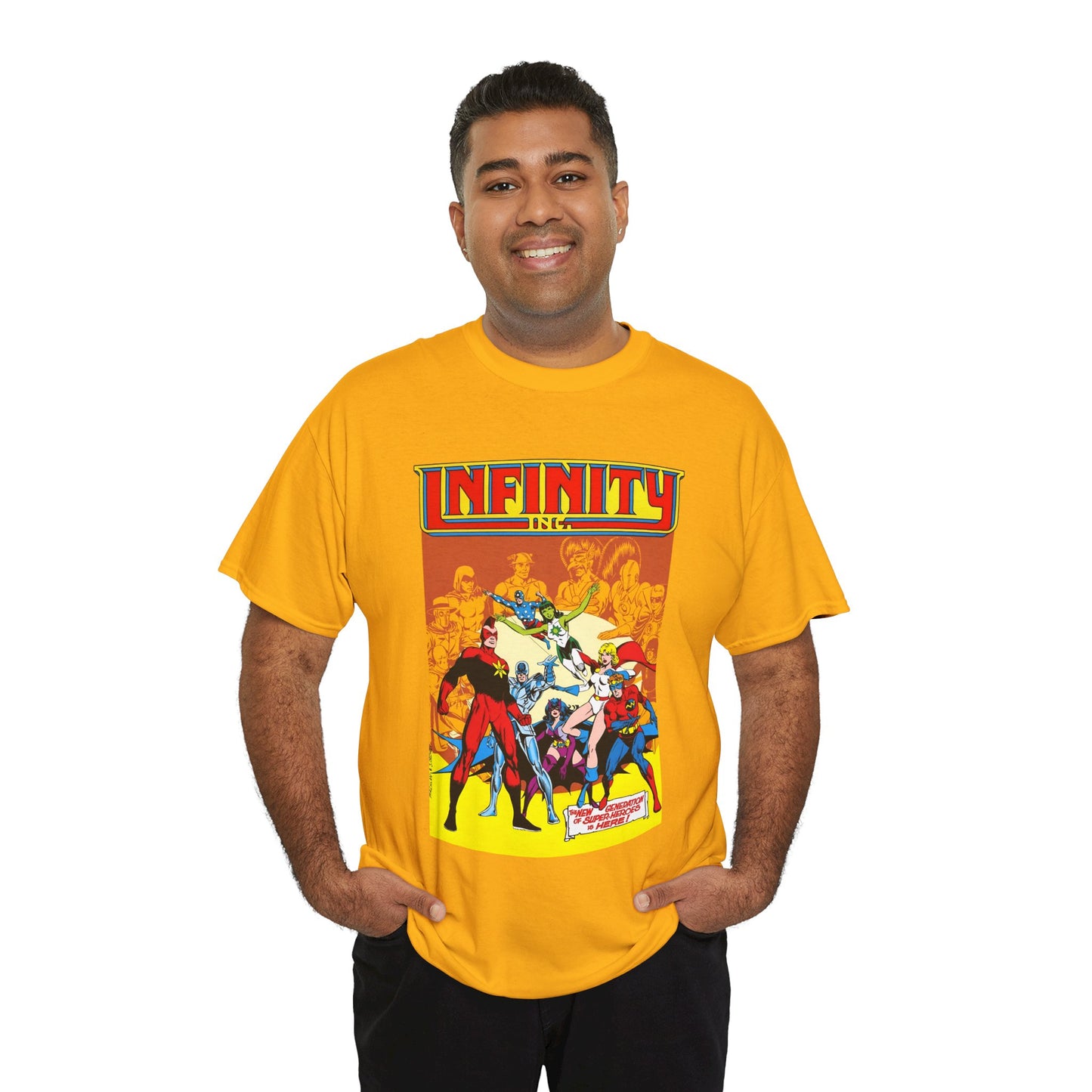 Infinity, Inc T-Shirt - Jerry Ordway Art - Silver Scarab, Huntress, Power Girl, Star-Spangled Kid, Fury, Jade - DC Comics - 1980s JSA Spin-Off Series