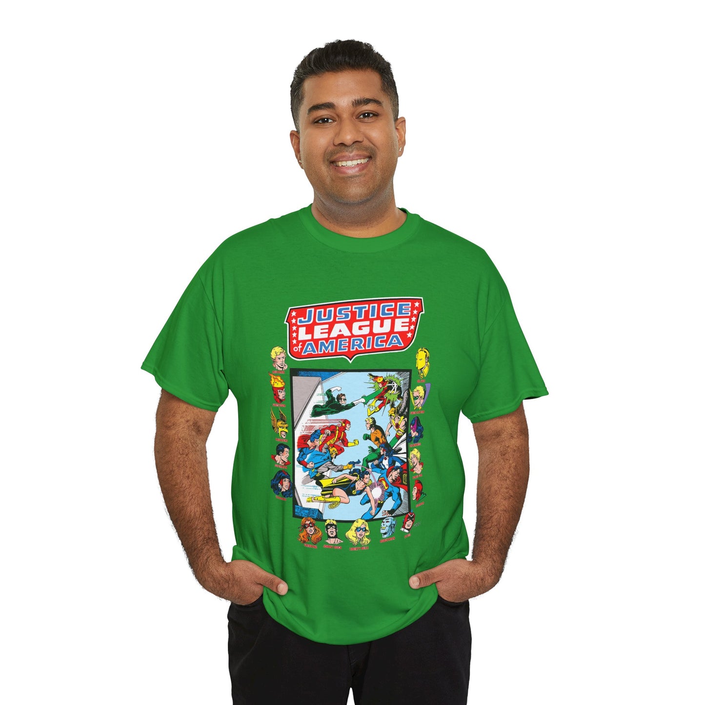 JLA & JSA T-Shirt - George Perez Art - All-Star Squadron - Firestorm, Huntress, Starman, Zatanna, Liberty Belle, Superman, Robotman, Firebrand, Dr Fate - DC Comics