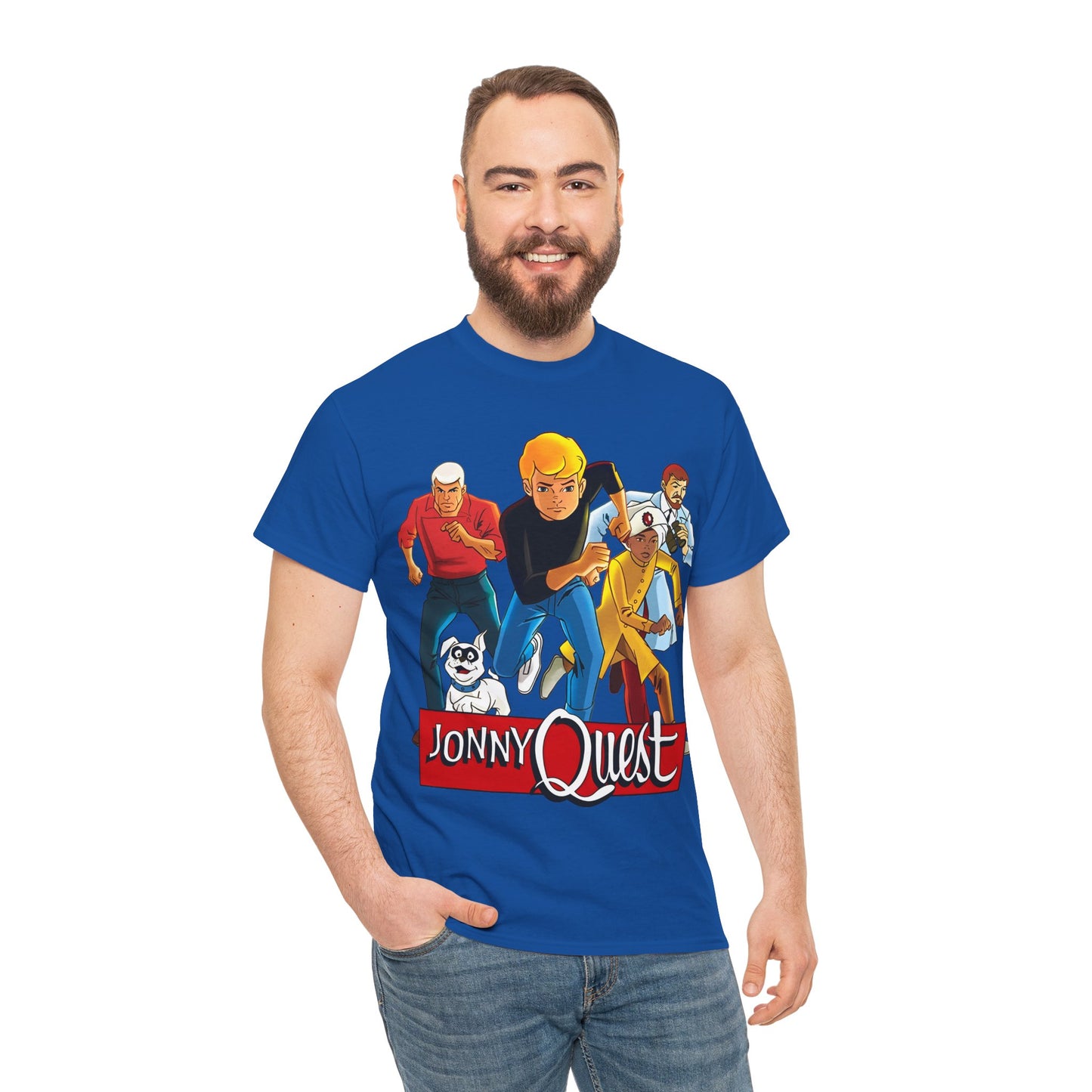 Jonny Quest T-Shirt - Popular Hanna-Barbera Cartoon Characters from the 1960s Adventure TV Show - Dr Benton, Hadji, Race Bannon, Bandit the Dog