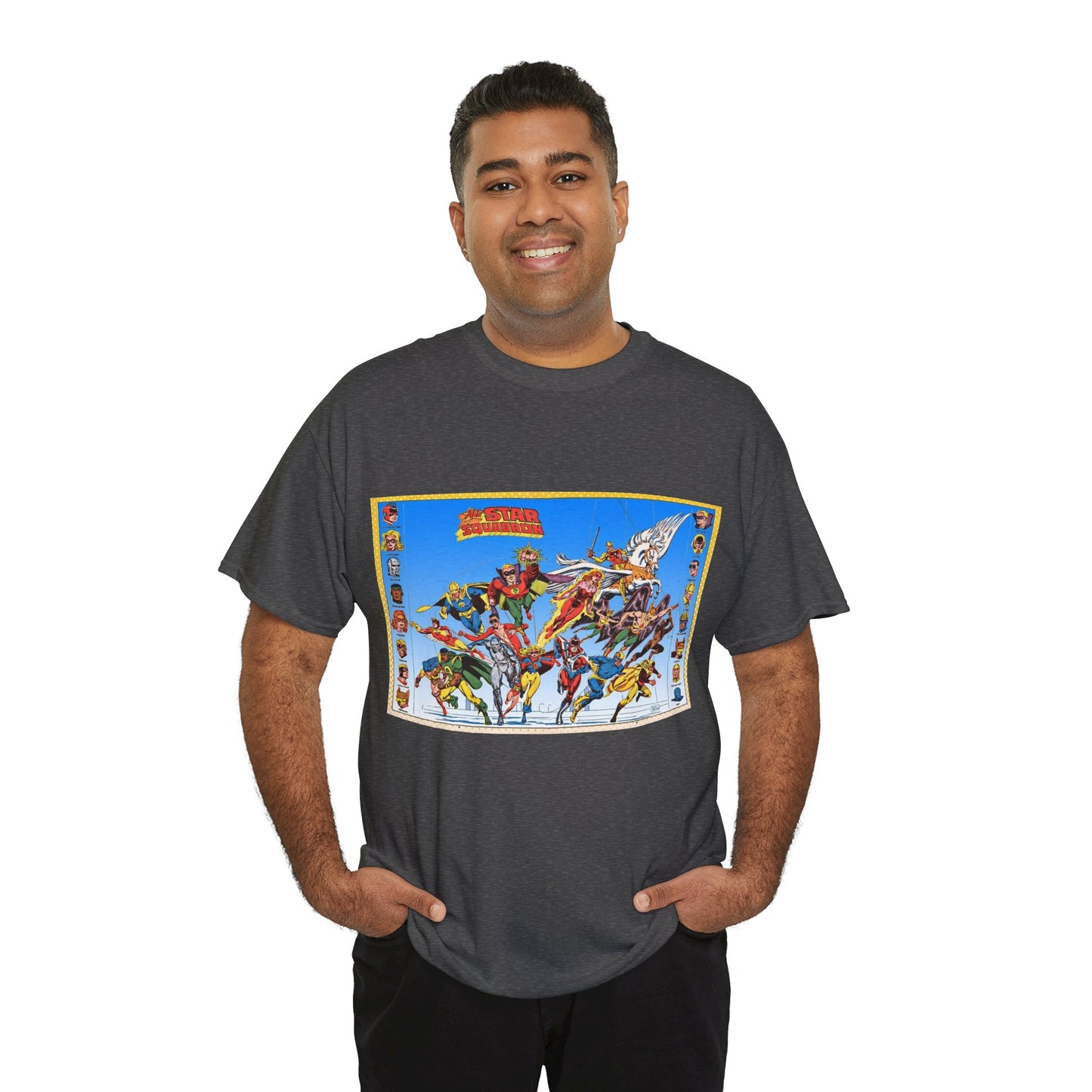 All-Star Squadron T-Shirt - Jerry Ordway Art - JSA Connection - Firebrand, Robotman, Amazing Man, Shining Knight, Tarantula, Dr Fate - Retro 1980s Series - DC Comics