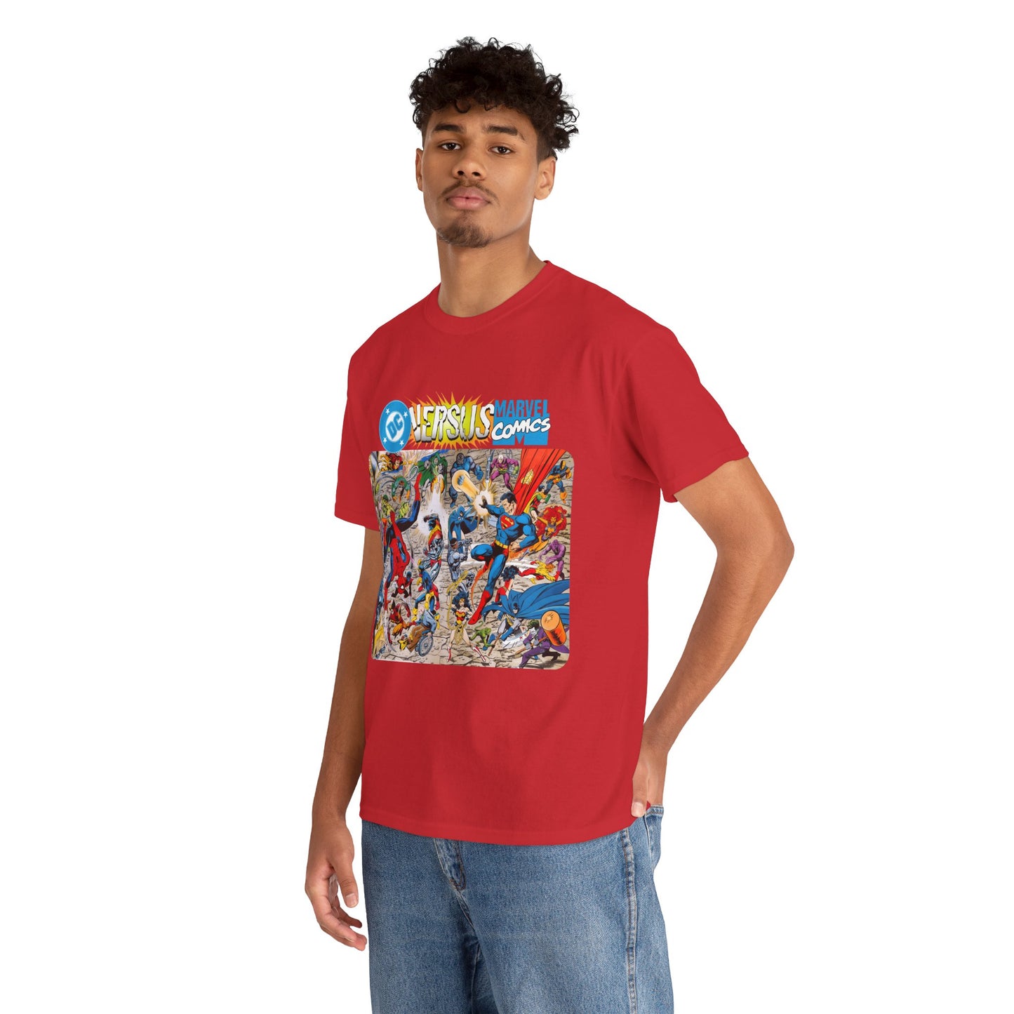 DC Comics Vs Marvel T-Shirt - John Byrne Art - Spider-Man, Raven, Cyborg, Wolverine, Joker, Superman, Batman, Deathstroke, Darkseid