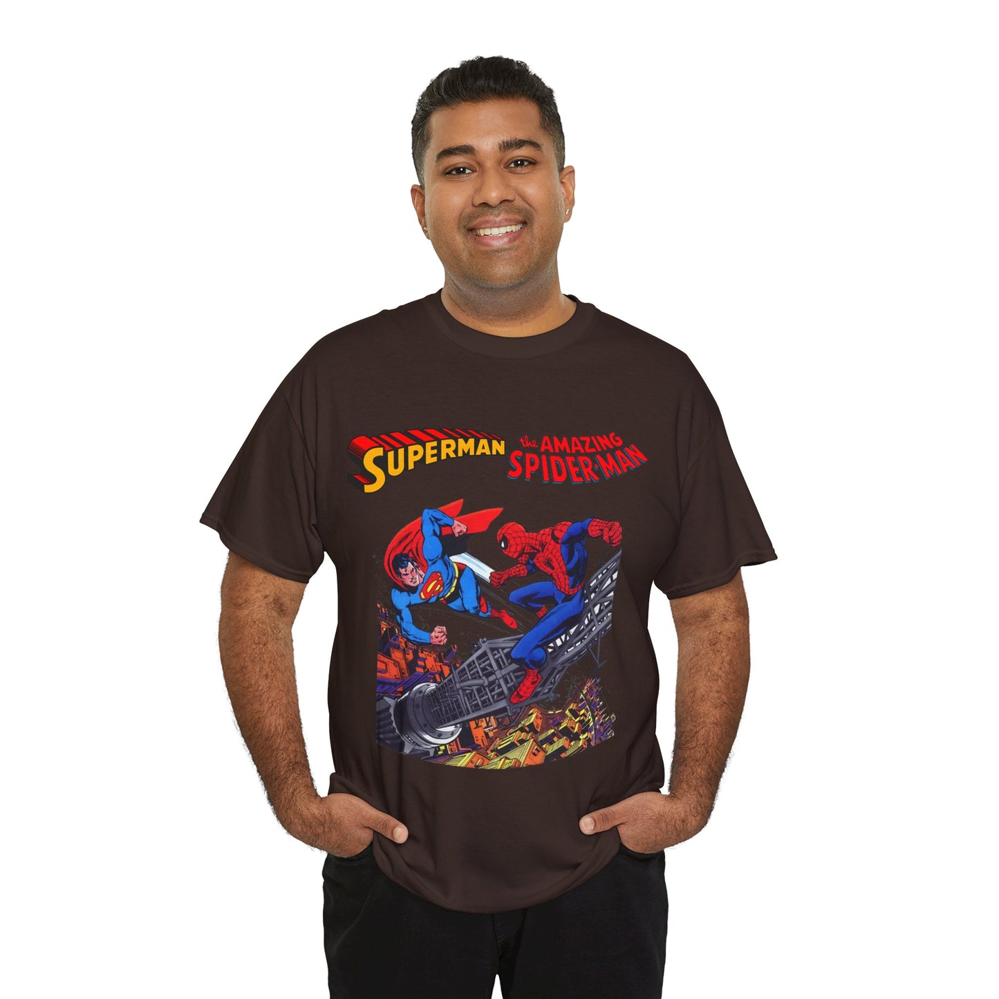 Superman & Amazing Spider-Man T-Shirt - DC/Marvel Comics Crossover - 1970s - Clark Kent & Peter Parker