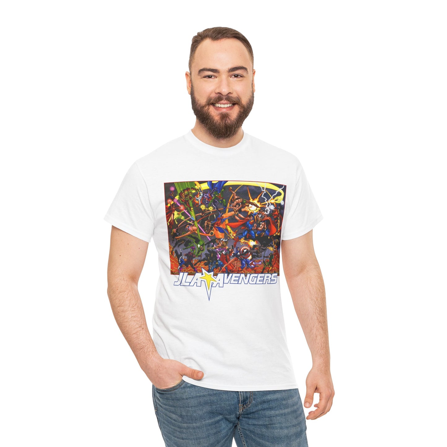 Avengers Vs JLA T-Shirt - Stunning George Perez Art - Marvel & DC Comics Crossover - Thor, Superman, Wonder Woman, Hercules, Iron Man, Batman, Black Canary, Scarlet Witch, Wonder Man, Martian Manhunter