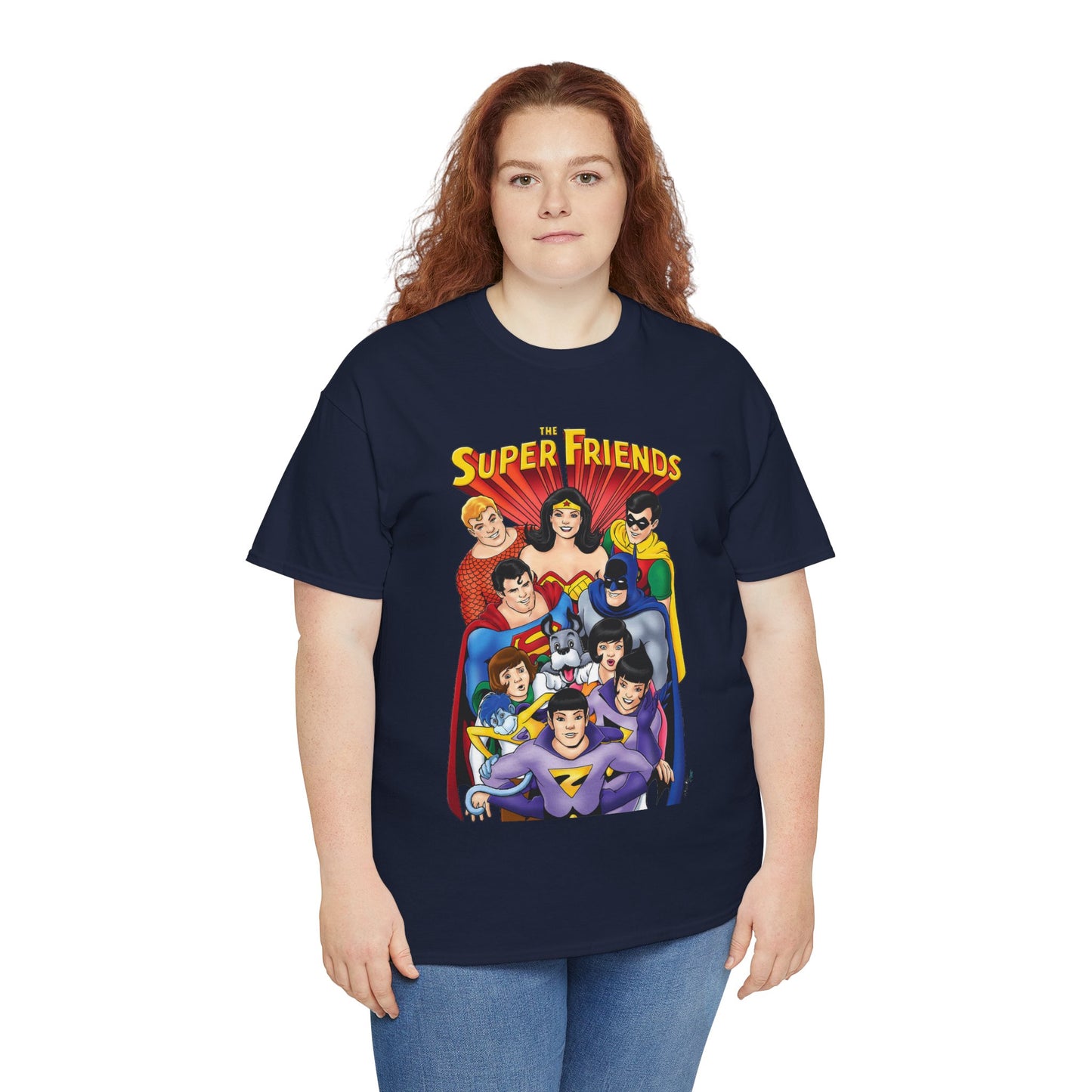 Super Friends T-Shirt - Kevin Maguire Art - Wonder Twins, Gleek, Superman, Wonder Woman Batman - DC Comics - Based on 1970s Hanna-Barbera Cartoon