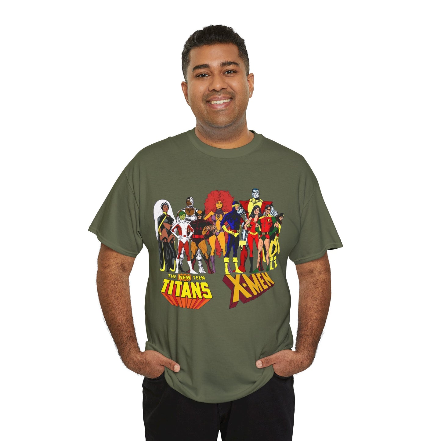 Uncanny X-Men & New Teen Titans T-Shirt - Wolverine, Cyclops, Storm, Wonder Girl, Robin, Cyborg, Raven - Phil Jimenez Art - DC Comics/Marvel Comics Crossover