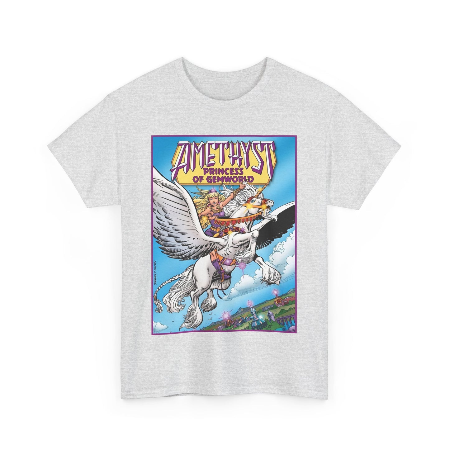 Amethyst Princess of Gemworld T-Shirt - George Perez Art - DC Comics 1980s Series - Riding a Unicorn