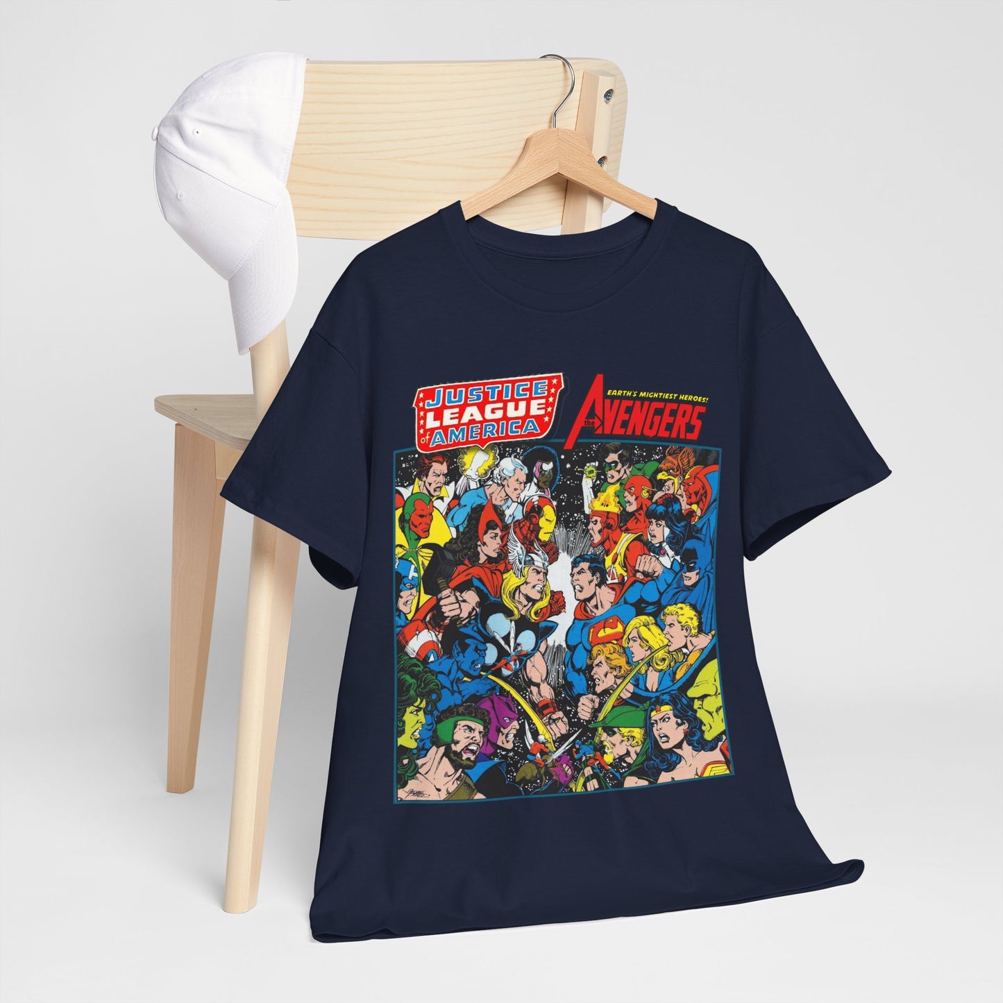 Justice League/Avengers T-Shirt - DC & Marvel Comics Art - George Perez - JLA - Batman, Captain America, Iron Man, Green Lantern