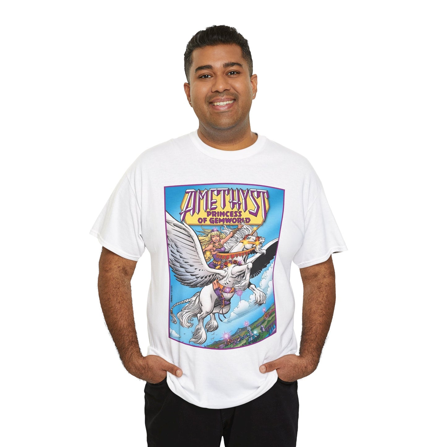 Amethyst Princess of Gemworld T-Shirt - George Perez Art - DC Comics 1980s Series - Riding a Unicorn