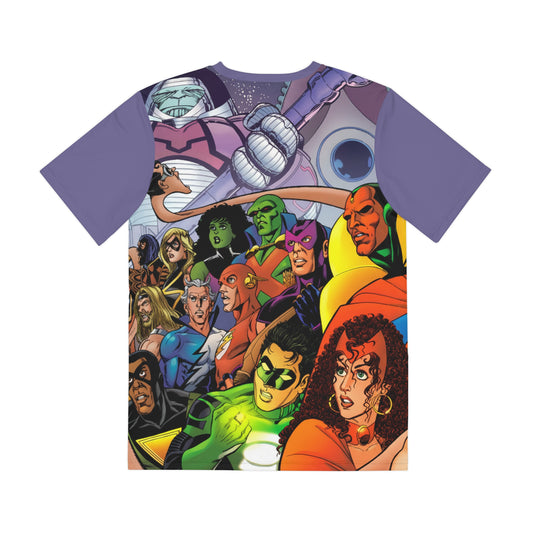 JLA/Avengers All Over Print Tee (Polyester) - George Perez Art - Thor, Wonder Woman, Scarlet Witch, Superman, Vision, Hawkeye, Plastic Man, Batman - DC Comics, Marvel Comics