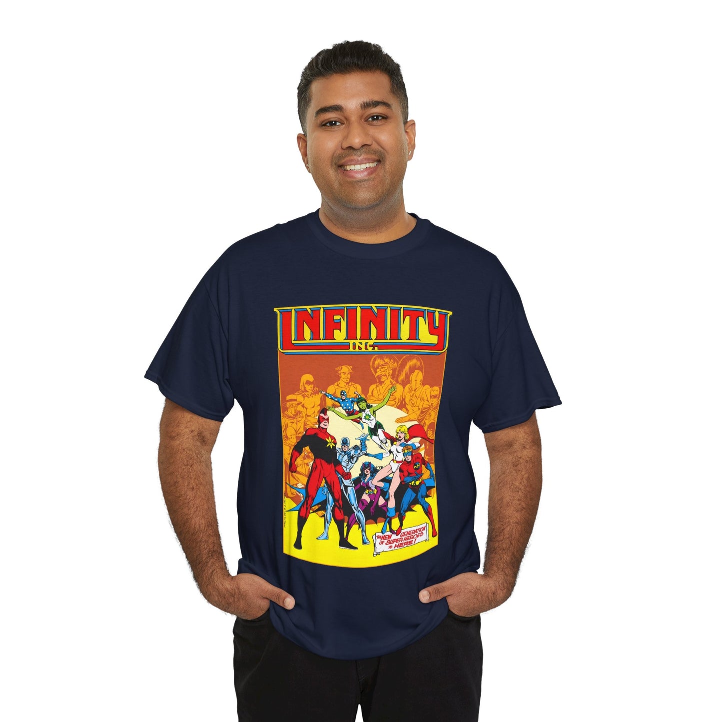 Infinity, Inc T-Shirt - Jerry Ordway Art - Silver Scarab, Huntress, Power Girl, Star-Spangled Kid, Fury, Jade - DC Comics - 1980s JSA Spin-Off Series