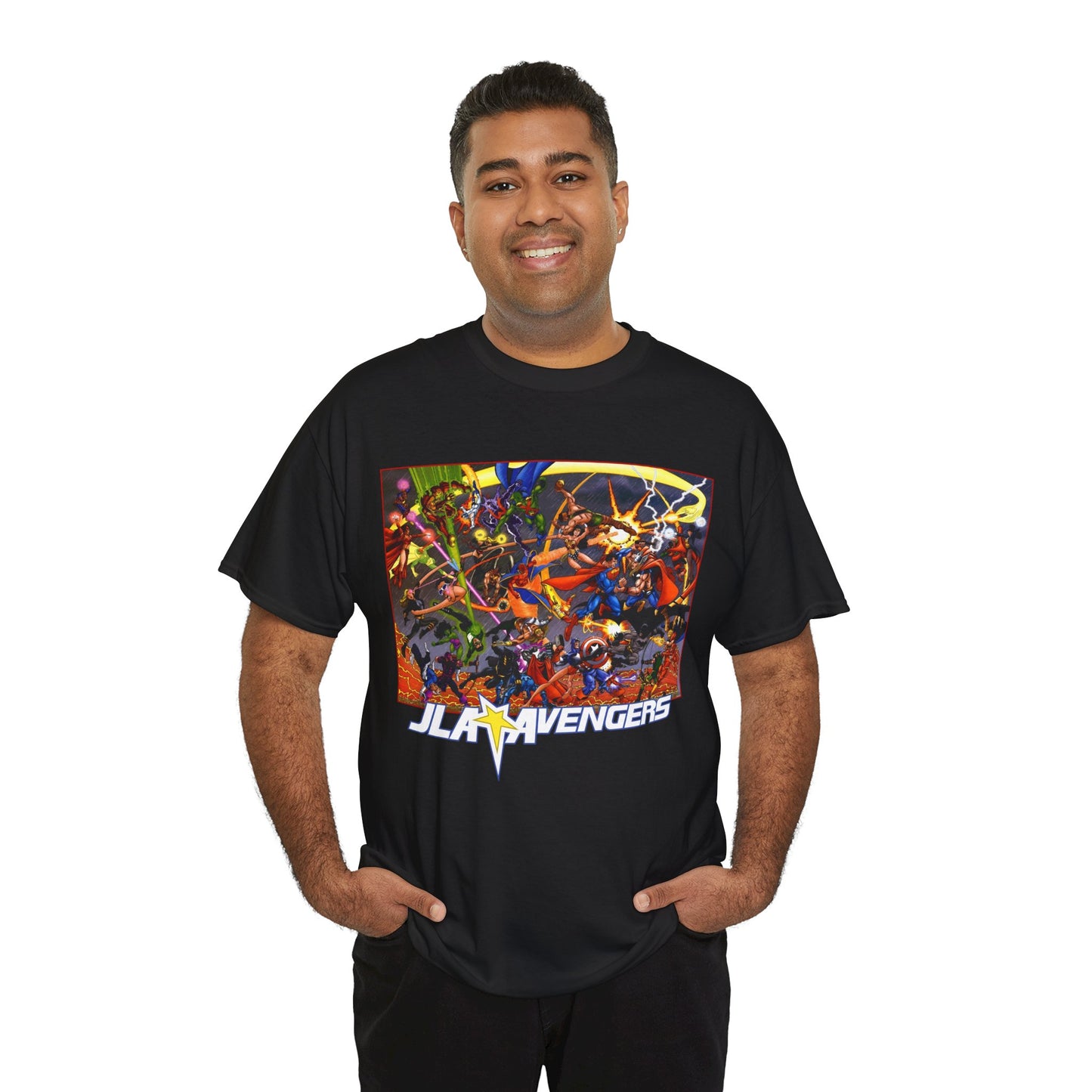 Avengers Vs JLA T-Shirt - Stunning George Perez Art - Marvel & DC Comics Crossover - Thor, Superman, Wonder Woman, Hercules, Iron Man, Batman, Black Canary, Scarlet Witch, Wonder Man, Martian Manhunter