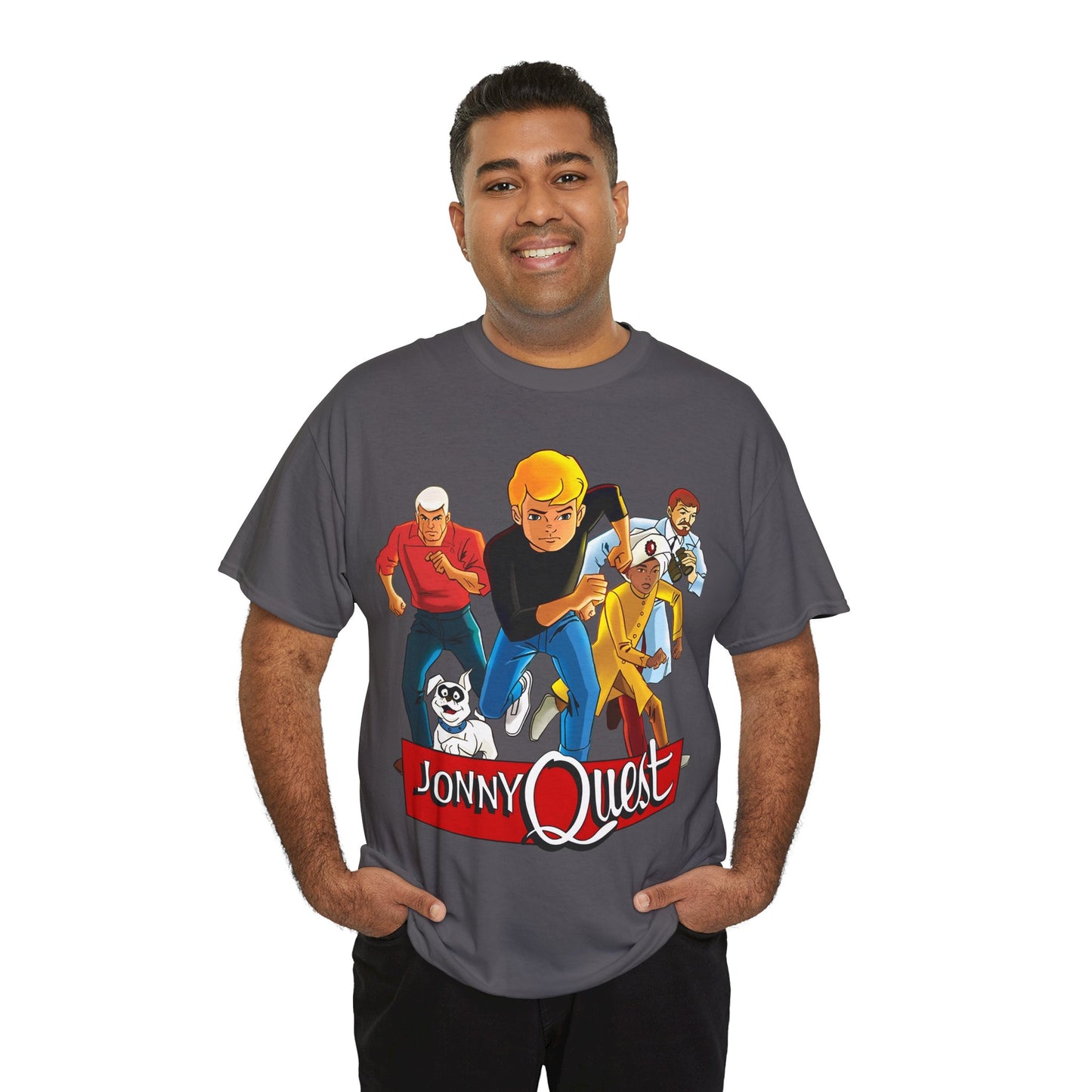 Jonny Quest T-Shirt - Popular Hanna-Barbera Cartoon Characters from the 1960s Adventure TV Show - Dr Benton, Hadji, Race Bannon, Bandit the Dog