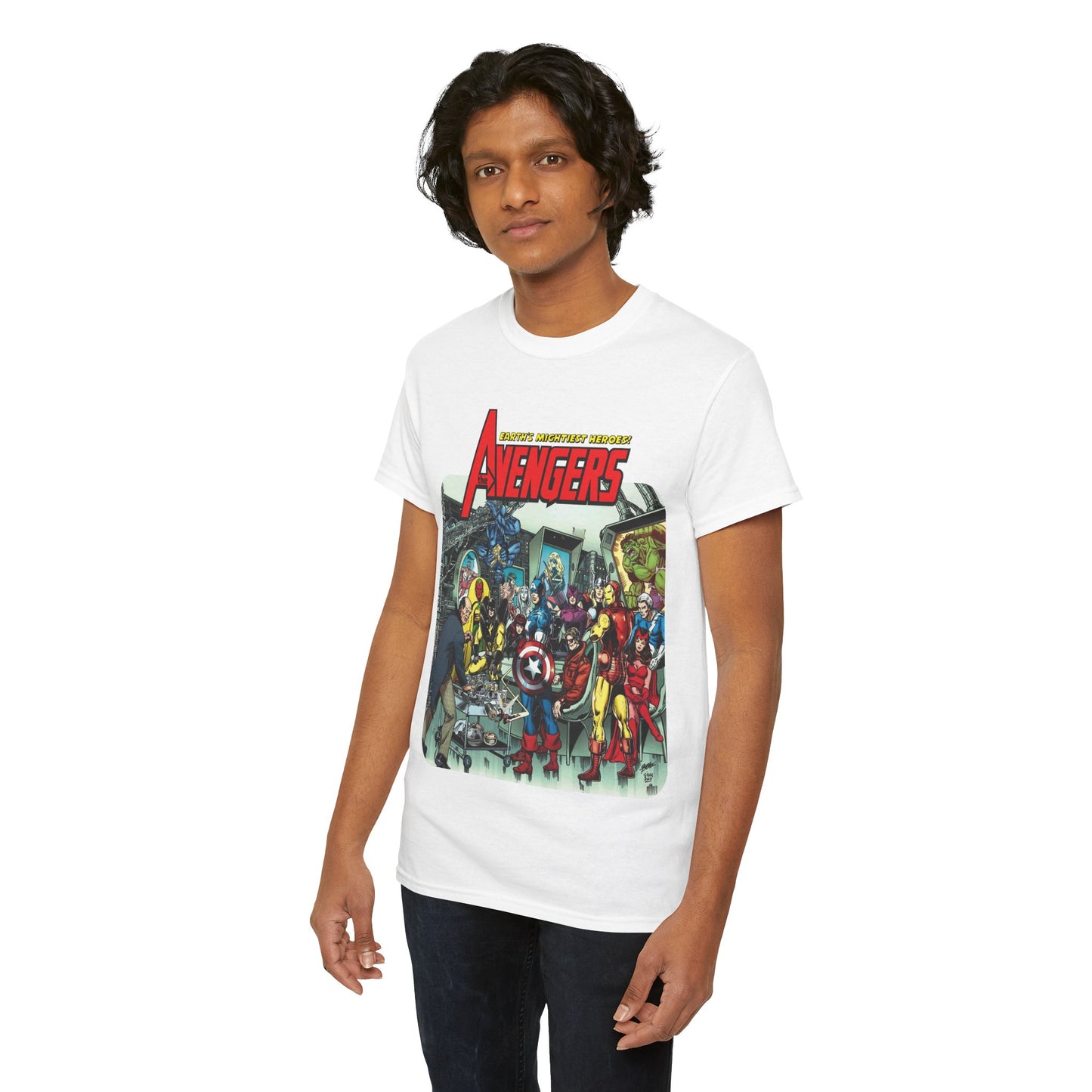 Classic Avengers T-Shirt - George Perez Art - Captain America, Hawkeye, Iron Man, Vision, Scarlet Witch, Quicksilver, Jarvis - Marvel Comics