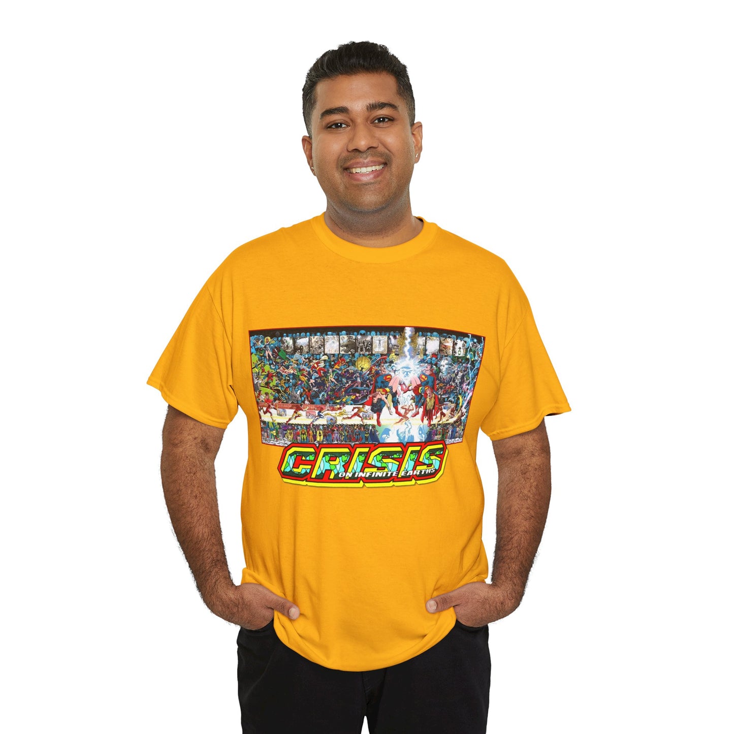 Crisis on Infinite Earths T-Shirt - Jerry Ordway/George Perez Art - Updated 2025 Poster Art - Superman, Wonder Woman, Supergirl, Flash, Harbinger, Pariah, Obsidian, Firestorm - DC Comics