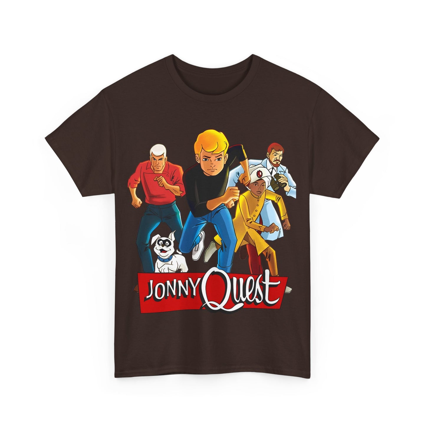 Jonny Quest T-Shirt - Popular Hanna-Barbera Cartoon Characters from the 1960s Adventure TV Show - Dr Benton, Hadji, Race Bannon, Bandit the Dog